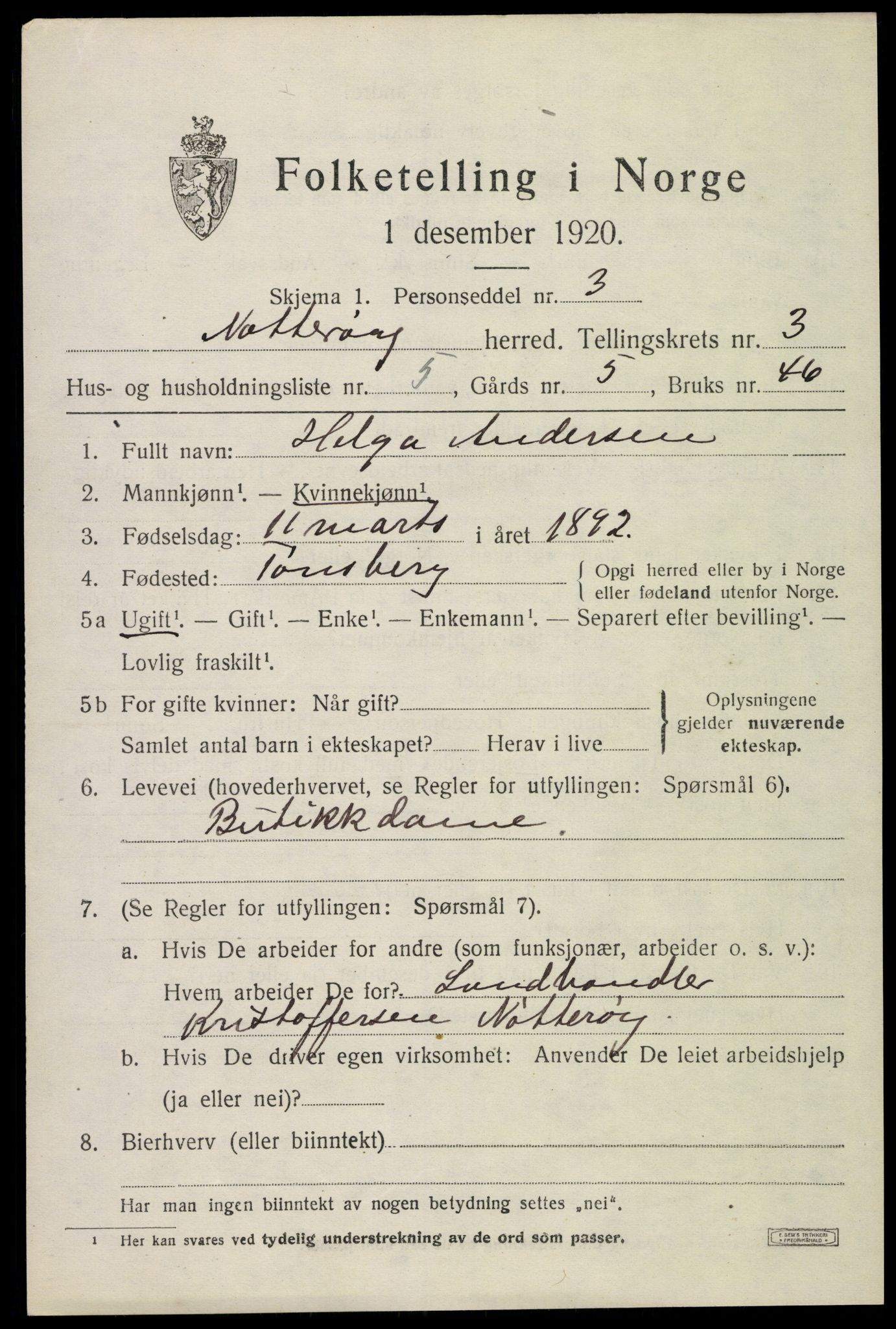 SAKO, 1920 census for Nøtterøy, 1920, p. 5591