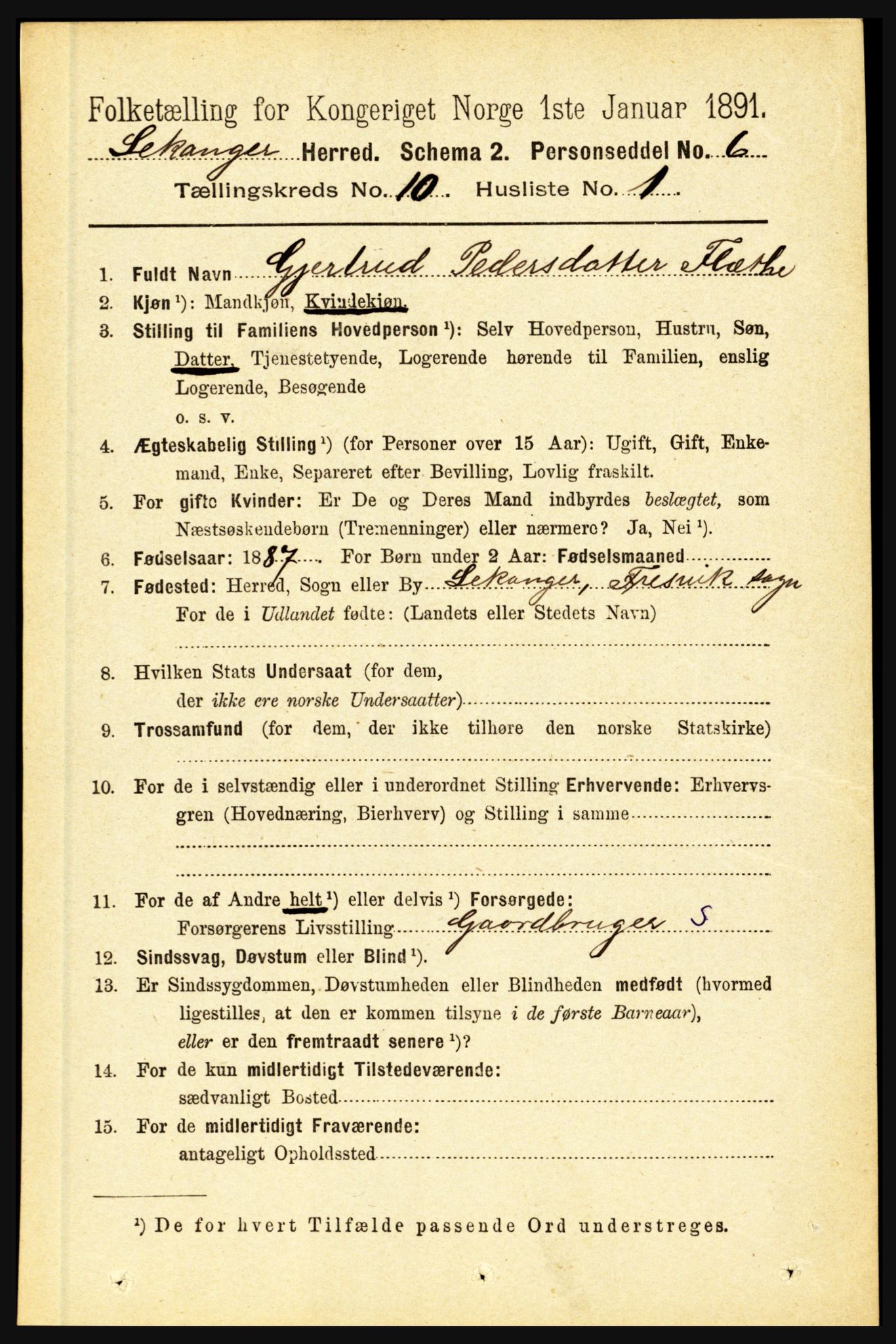 RA, 1891 census for 1419 Leikanger, 1891, p. 1819