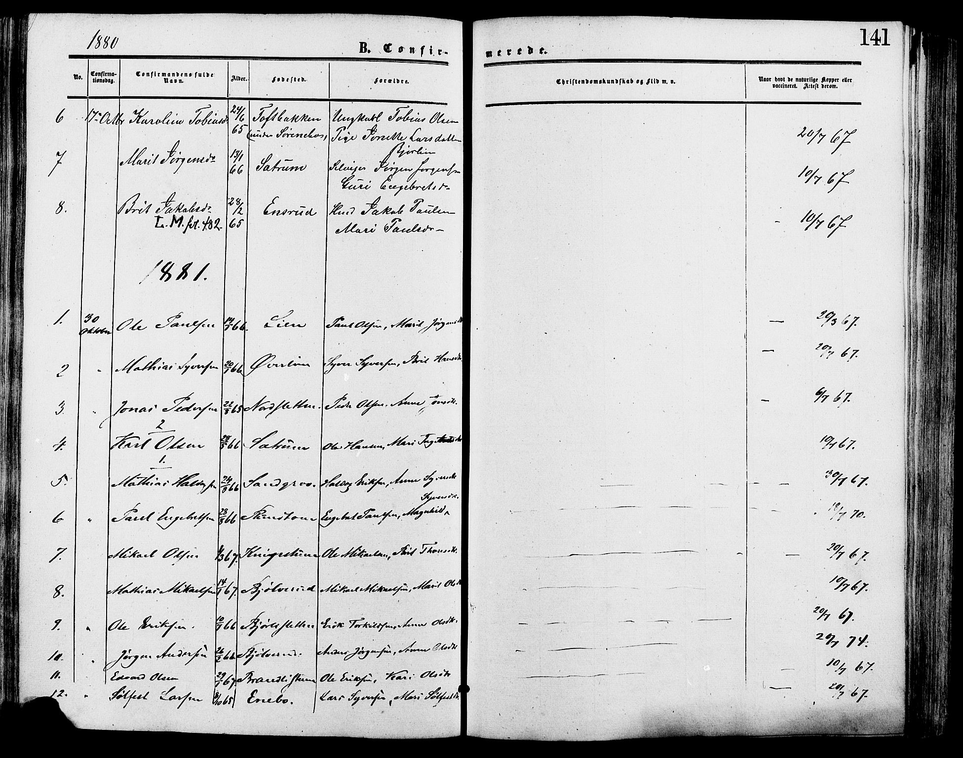 Lesja prestekontor, SAH/PREST-068/H/Ha/Haa/L0009: Parish register (official) no. 9, 1854-1889, p. 141