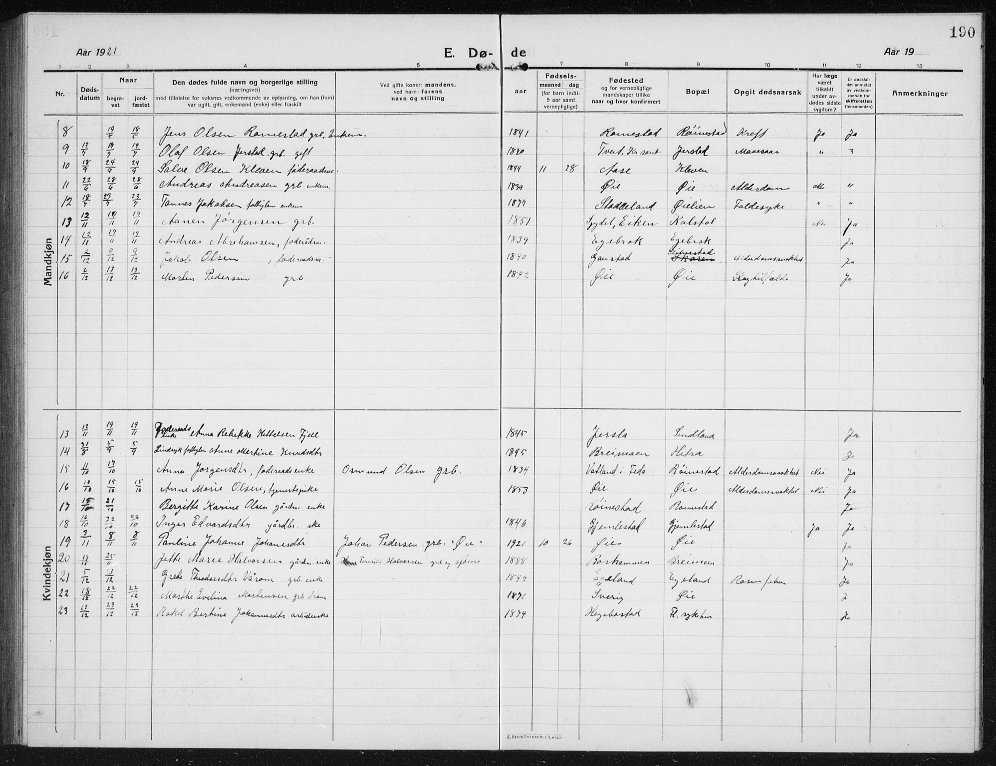 Kvinesdal sokneprestkontor, SAK/1111-0026/F/Fb/Fbb/L0004: Parish register (copy) no. B 4, 1917-1938, p. 190