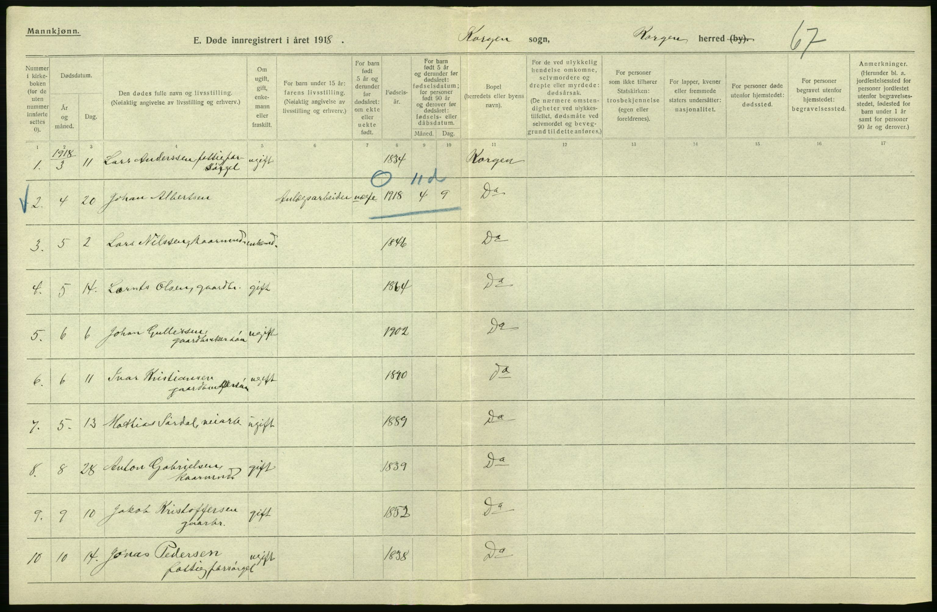 Statistisk sentralbyrå, Sosiodemografiske emner, Befolkning, AV/RA-S-2228/D/Df/Dfb/Dfbh/L0055: Nordland fylke: Døde. Bygder og byer., 1918, p. 138