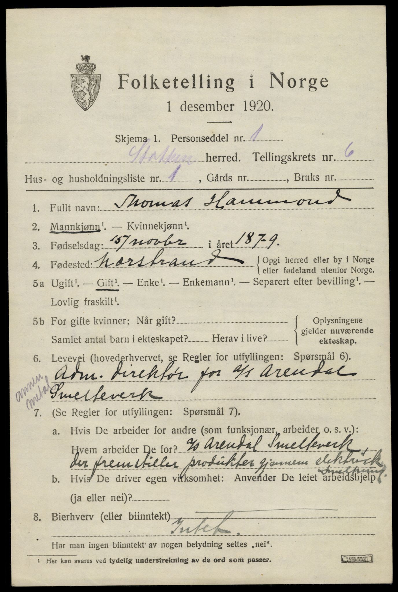 SAK, 1920 census for Stokken, 1920, p. 3712