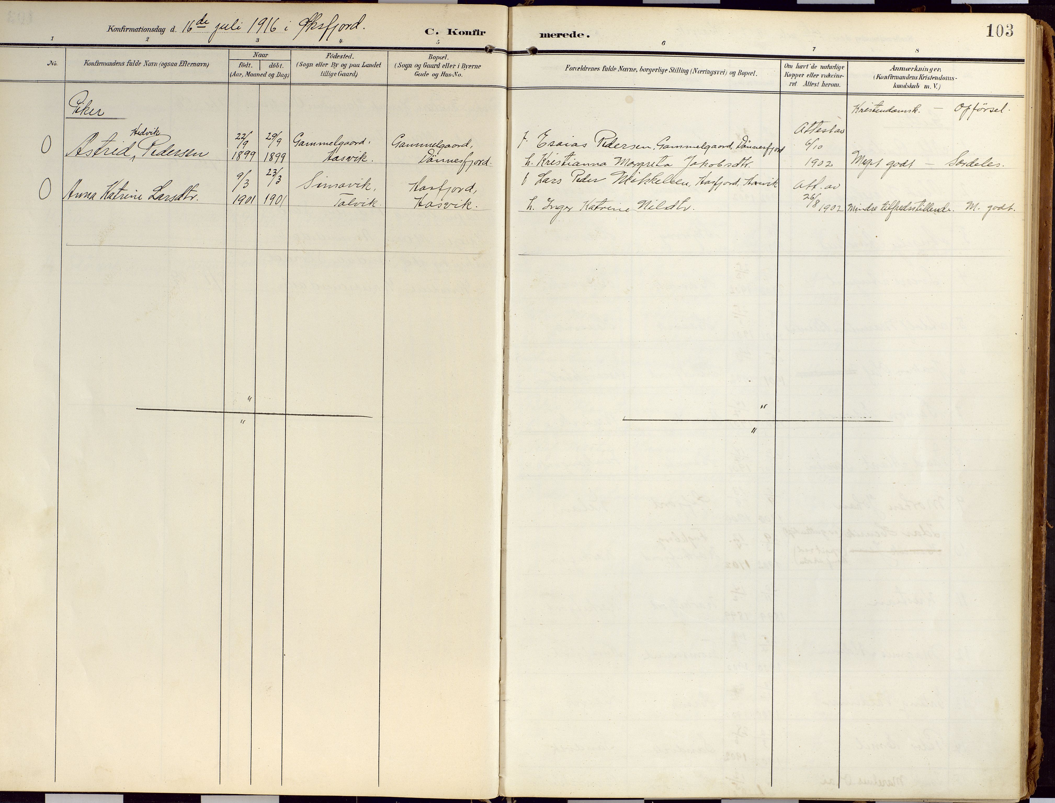 Loppa sokneprestkontor, SATØ/S-1339/H/Ha/L0010kirke: Parish register (official) no. 10, 1907-1922, p. 103
