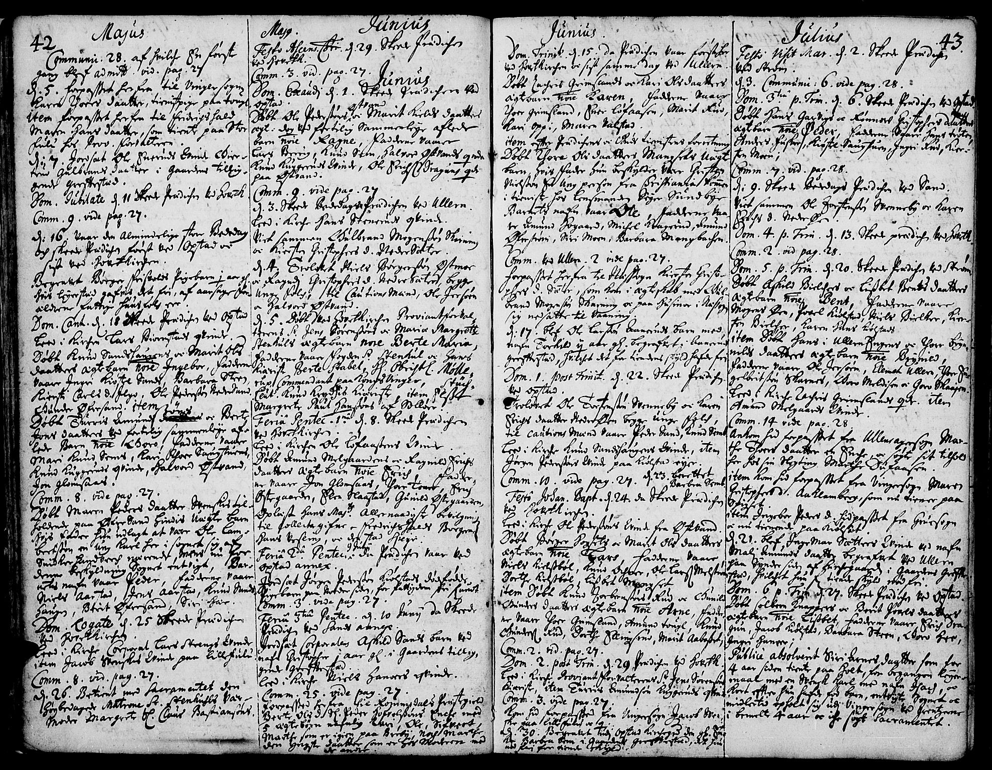 Strøm-Odalen prestekontor, AV/SAH-PREST-028/H/Ha/Haa/L0001: Parish register (official) no. 1, 1689-1715, p. 42-43
