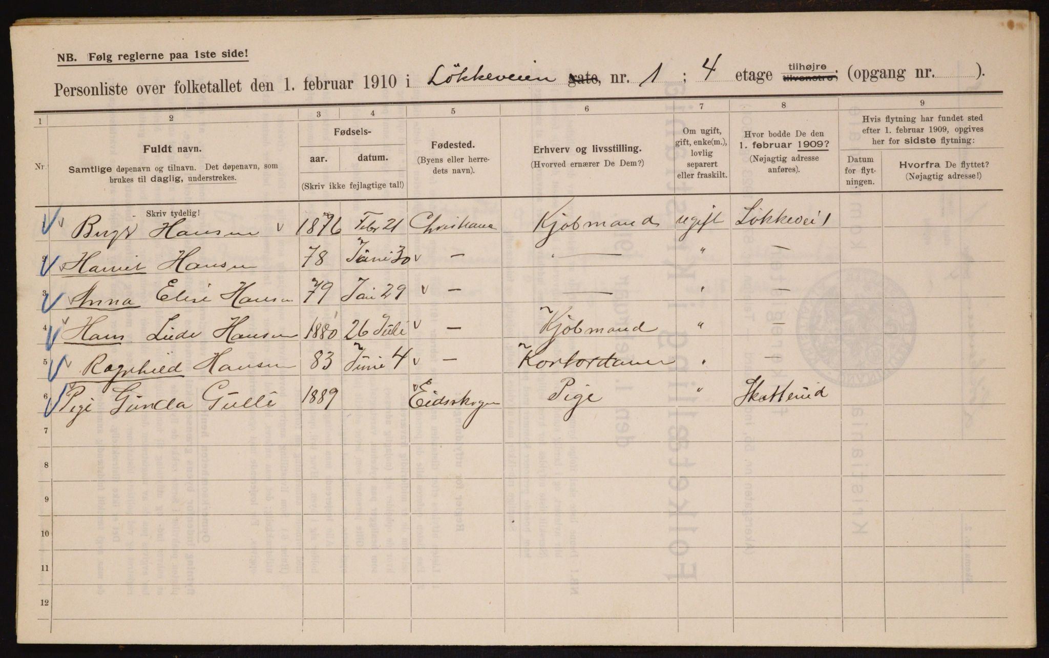 OBA, Municipal Census 1910 for Kristiania, 1910, p. 56611