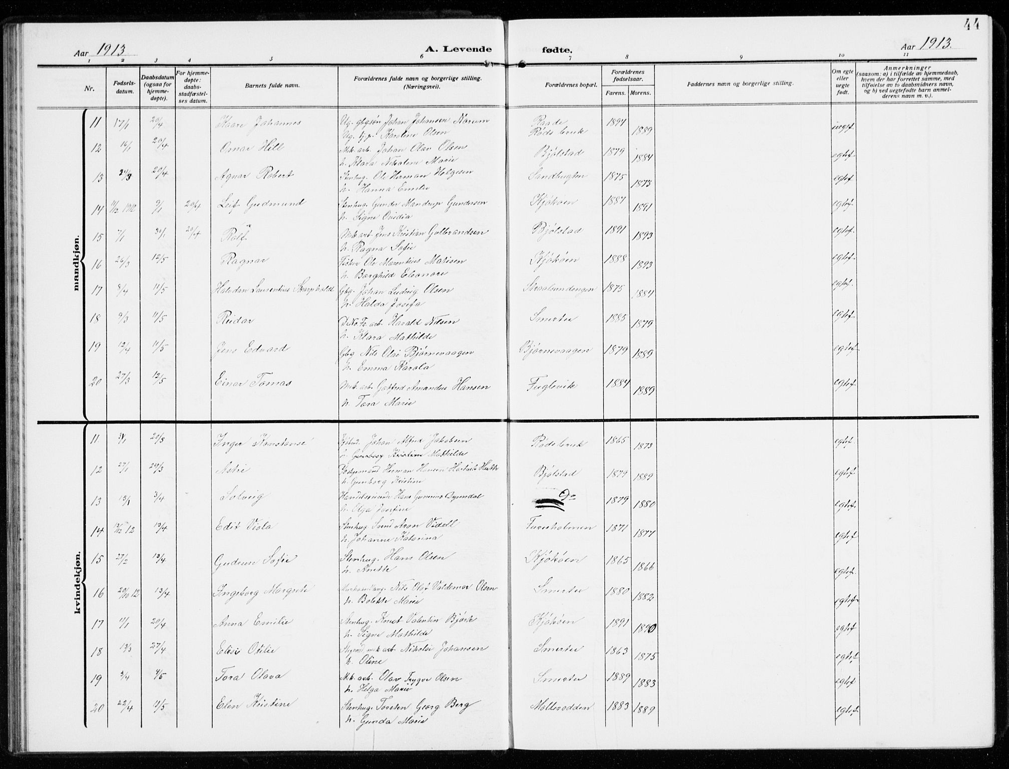 Kråkerøy prestekontor Kirkebøker, AV/SAO-A-10912/G/Ga/L0001: Parish register (copy) no. 1, 1908-1944, p. 44