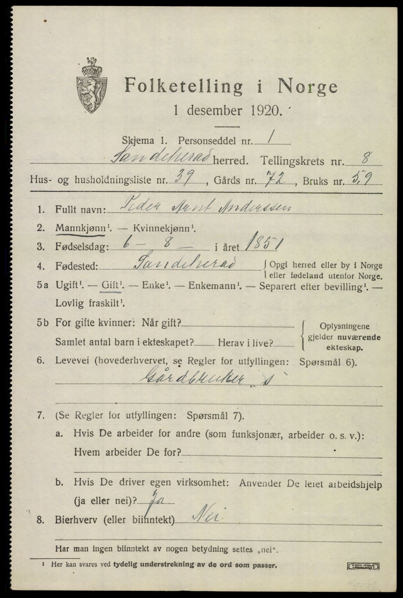 SAKO, 1920 census for Sandeherred, 1920, p. 12978