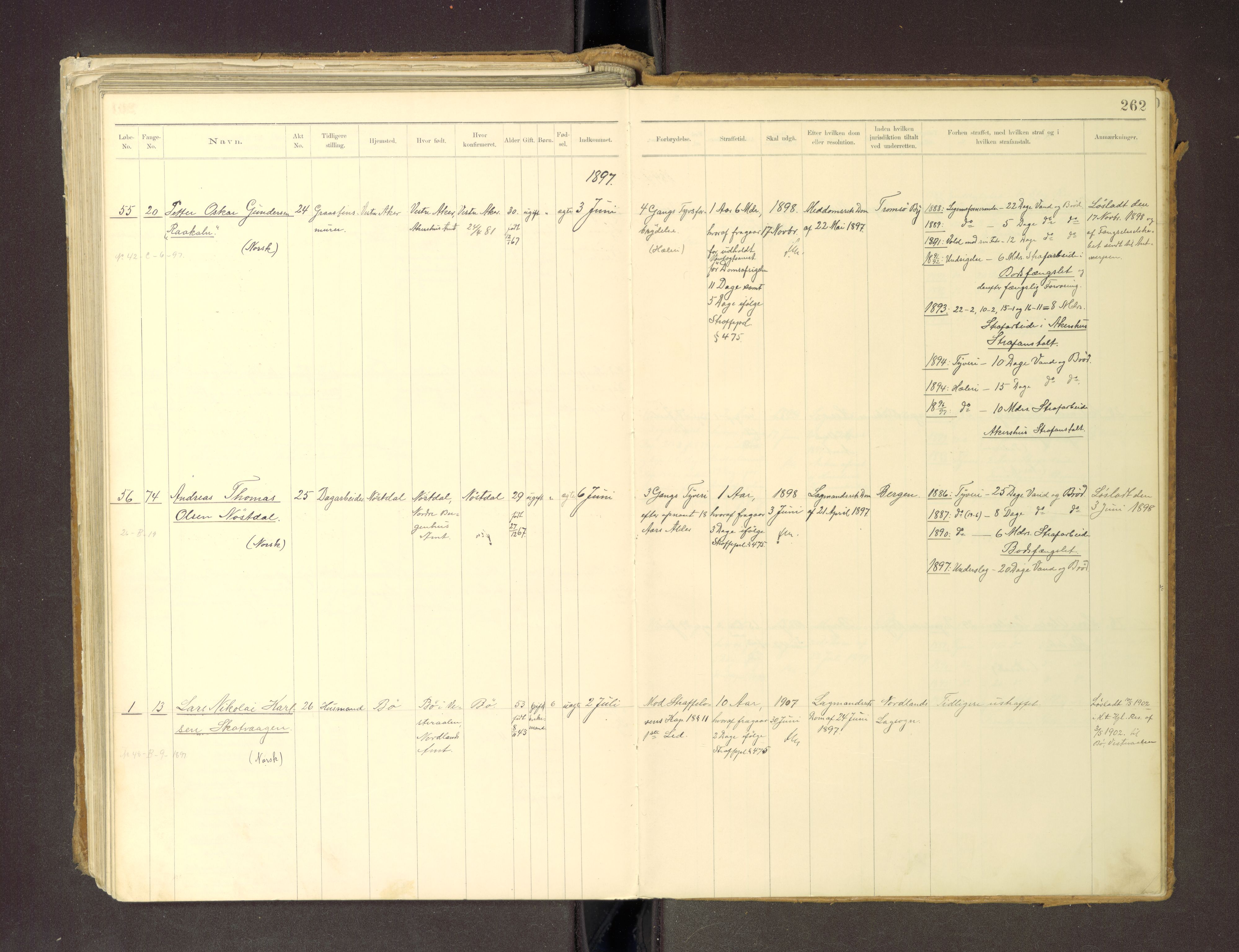 Trondheim tukthus, SAT/A-4619/05/65/L0036: 65.36 Fangeprotokoll m/reg, 1885-1898, p. 262