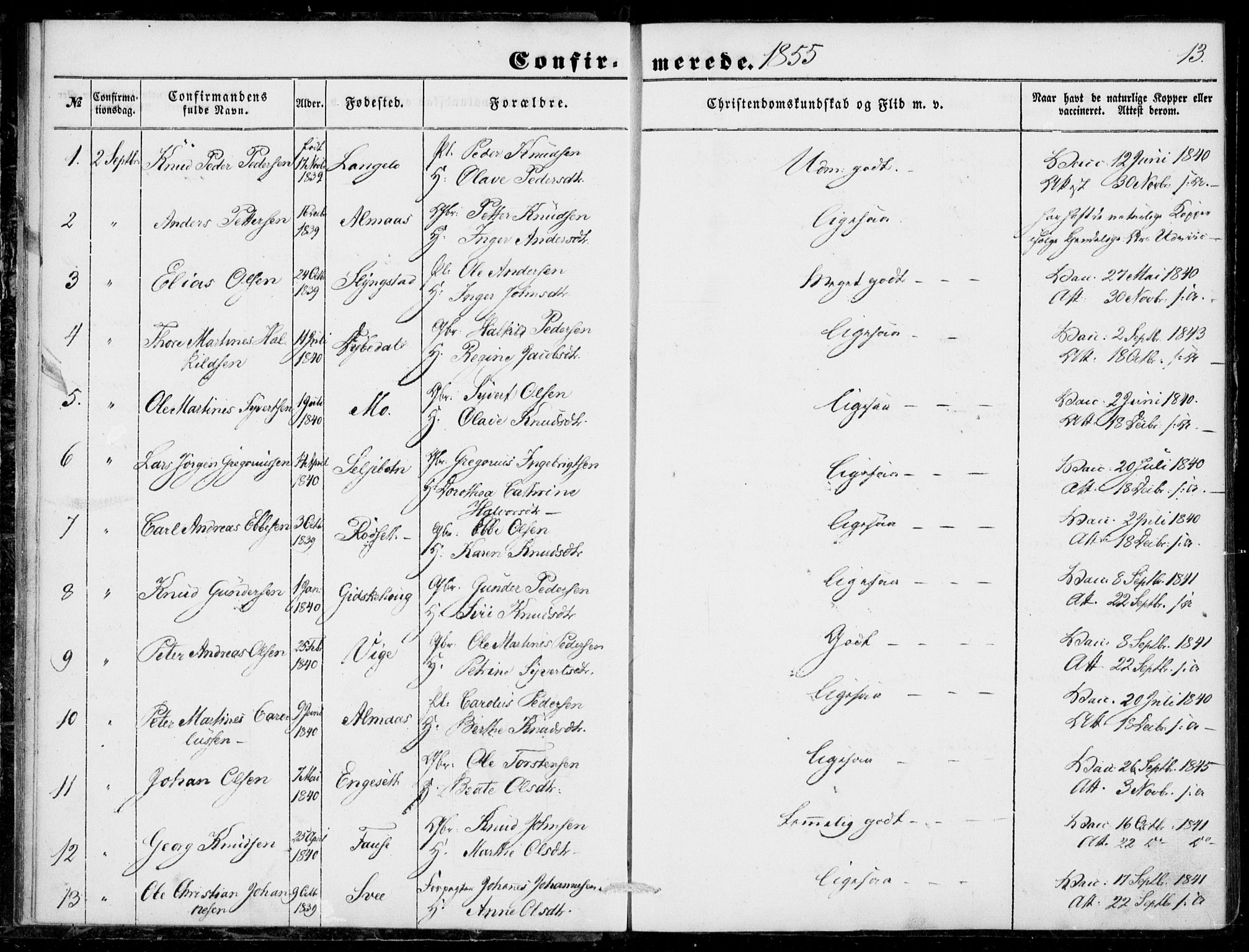 Ministerialprotokoller, klokkerbøker og fødselsregistre - Møre og Romsdal, AV/SAT-A-1454/520/L0281: Parish register (official) no. 520A10, 1851-1881, p. 13