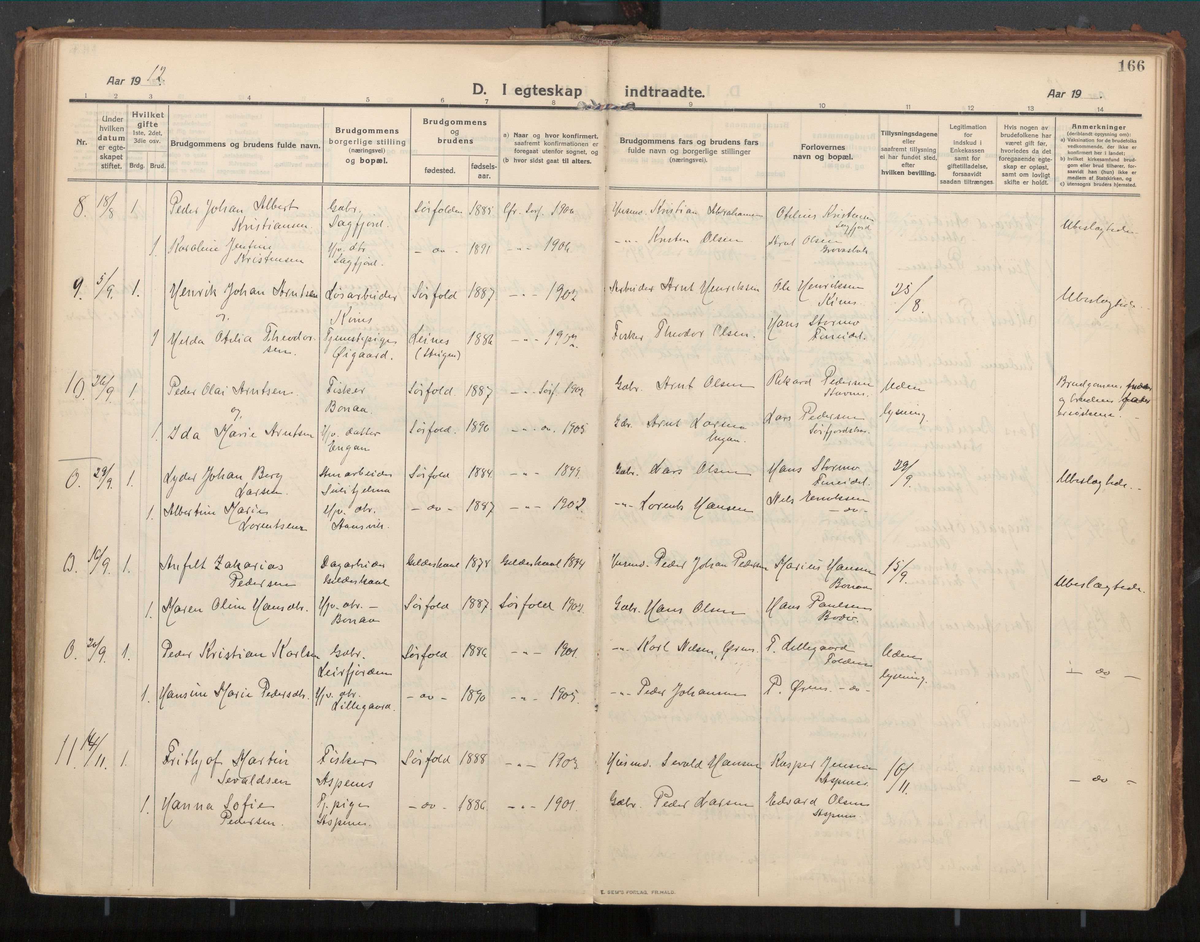 Ministerialprotokoller, klokkerbøker og fødselsregistre - Nordland, SAT/A-1459/854/L0784: Parish register (official) no. 854A07, 1910-1922, p. 166