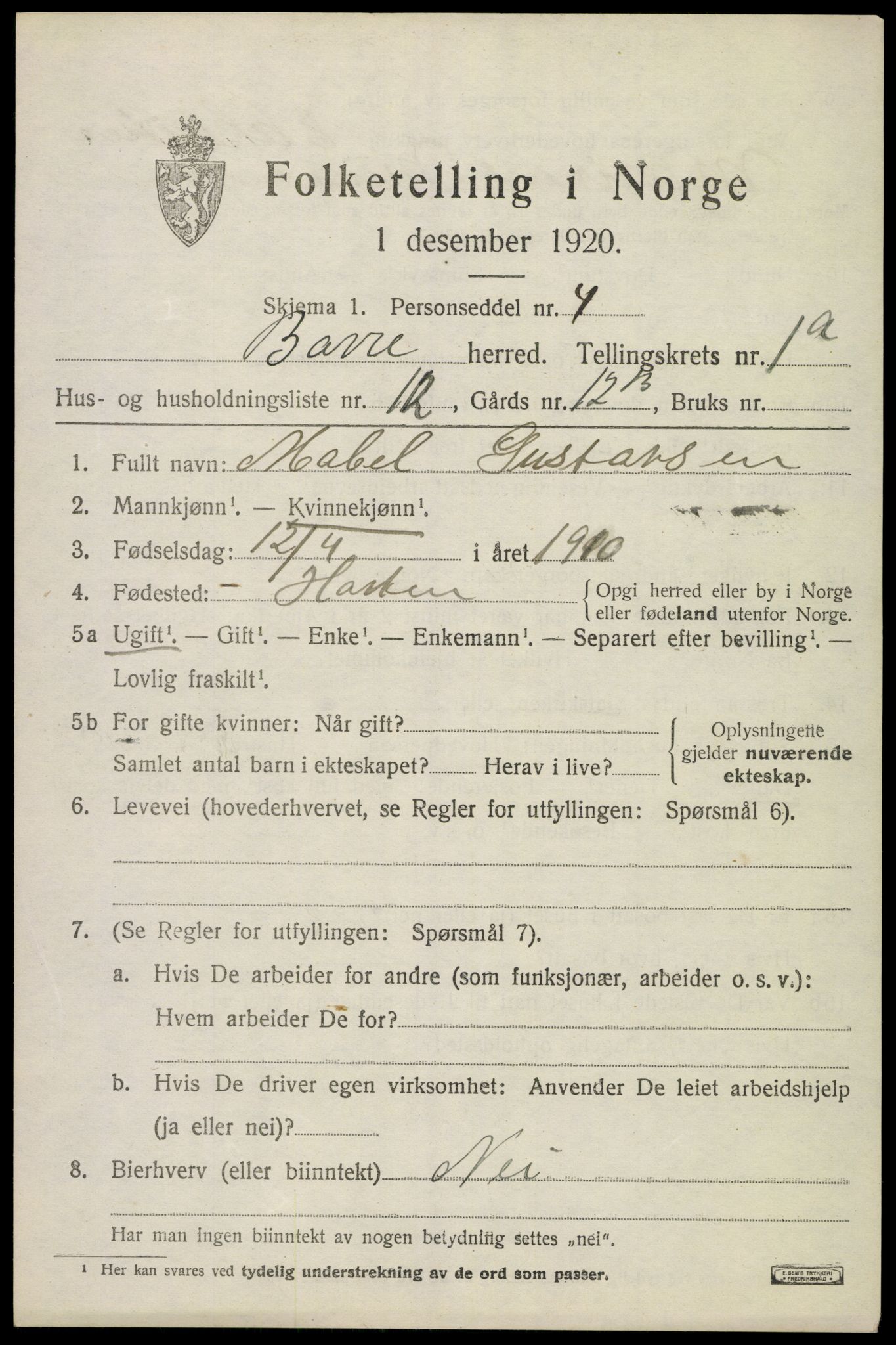 SAKO, 1920 census for Borre, 1920, p. 1564