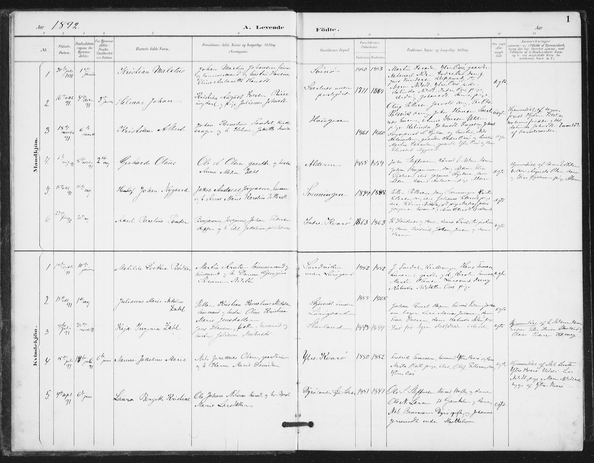 Ministerialprotokoller, klokkerbøker og fødselsregistre - Nordland, SAT/A-1459/839/L0573: Parish register (copy) no. 839C03, 1892-1917, p. 1