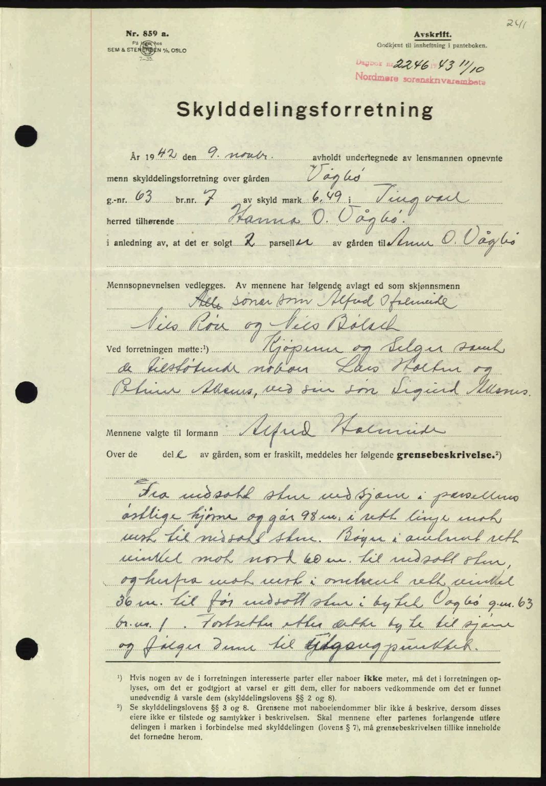 Nordmøre sorenskriveri, SAT/A-4132/1/2/2Ca: Mortgage book no. A96, 1943-1944, Diary no: : 2246/1943