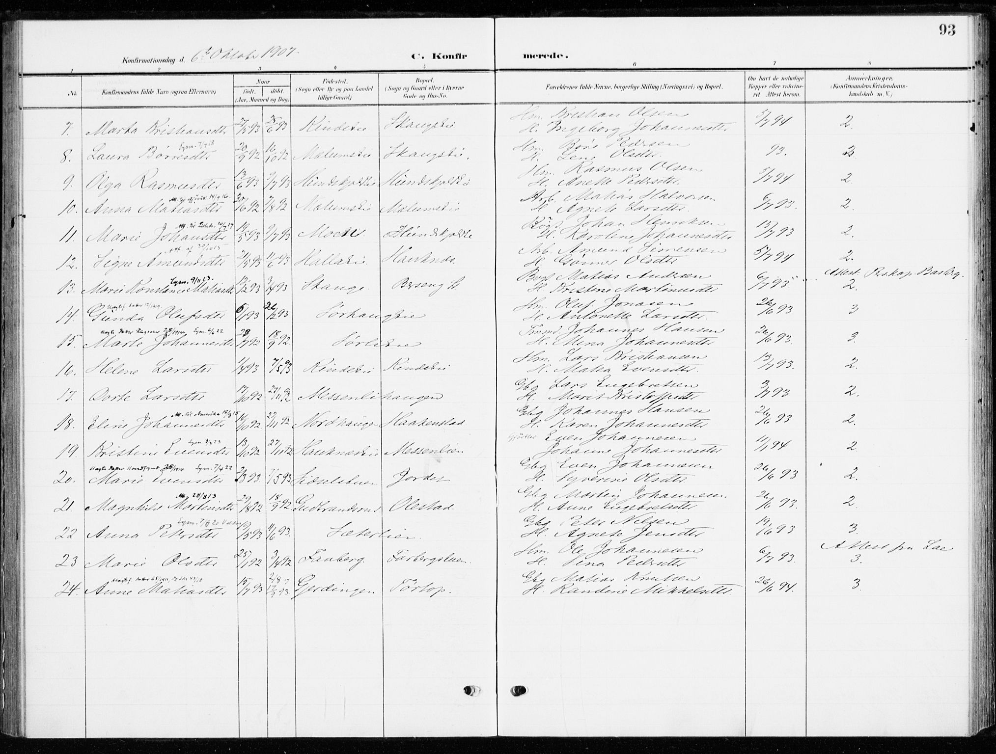 Ringsaker prestekontor, SAH/PREST-014/K/Ka/L0021: Parish register (official) no. 21, 1905-1920, p. 93