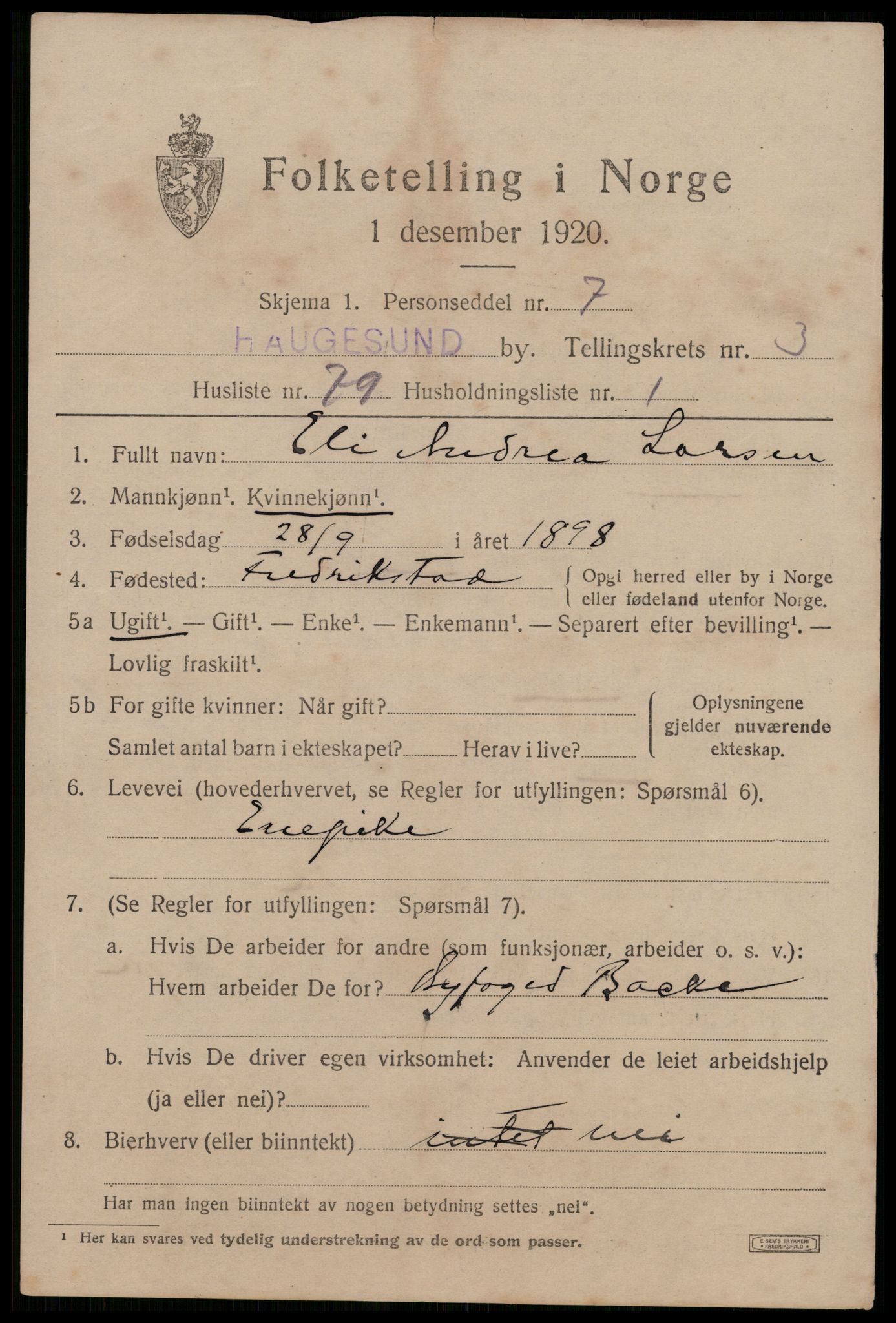 SAST, 1920 census for Haugesund, 1920, p. 15231