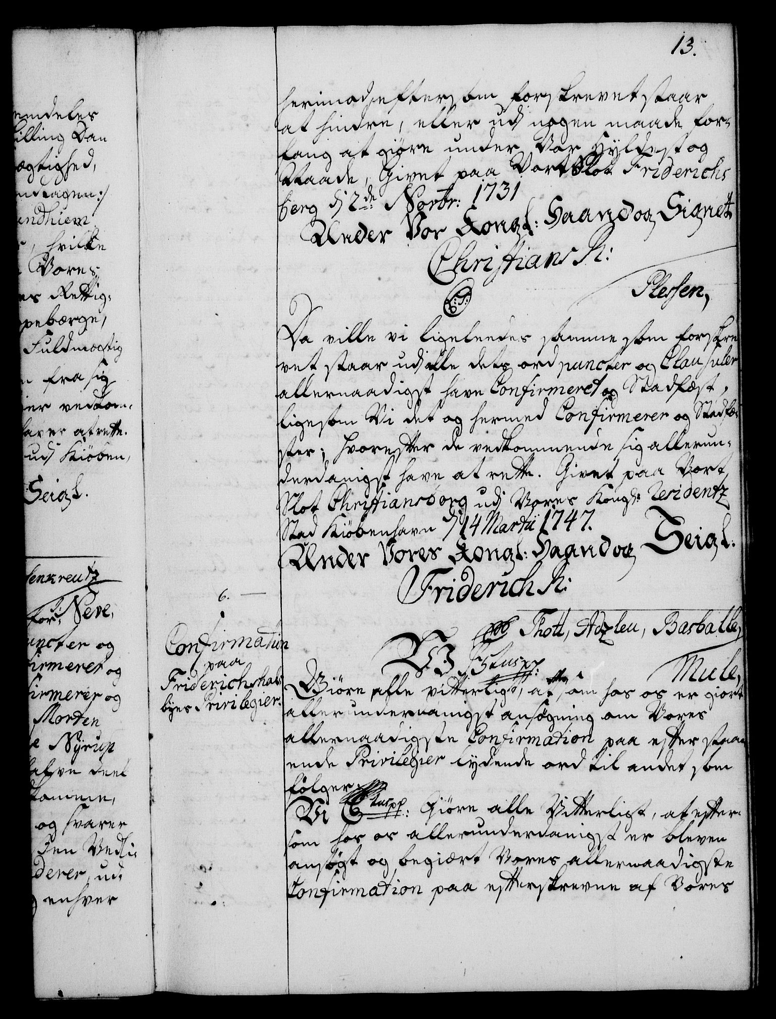 Rentekammeret, Kammerkanselliet, RA/EA-3111/G/Gg/Ggc/Ggca/L0001: Norsk konfirmasjonsekspedisjonsprotokoll med register (merket RK 53.23), 1746-1750, p. 13