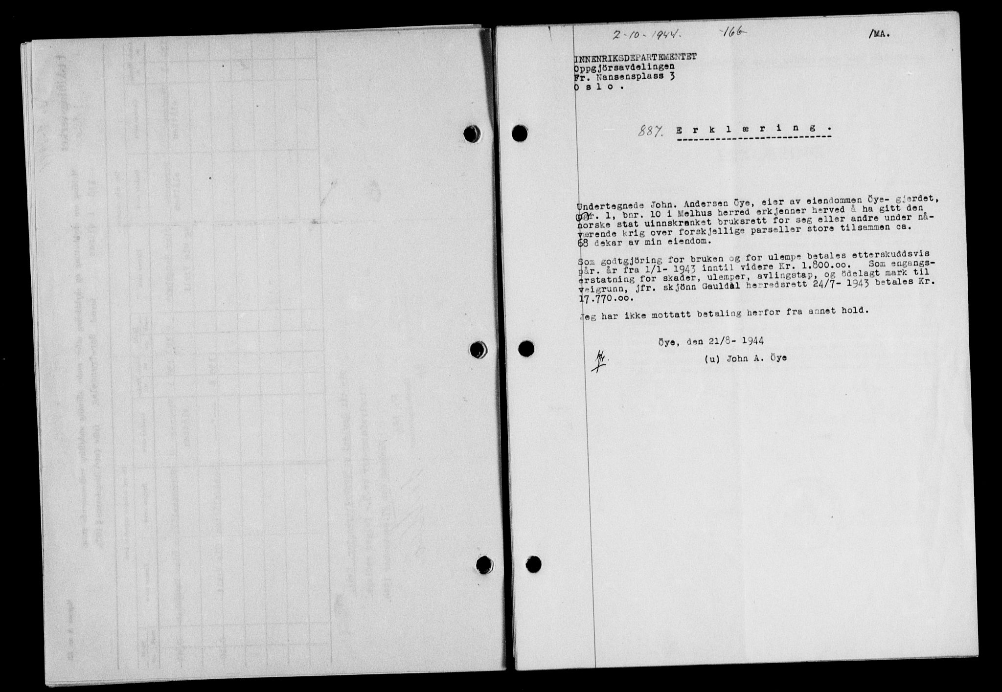 Gauldal sorenskriveri, SAT/A-0014/1/2/2C/L0058: Mortgage book no. 63, 1944-1945, Diary no: : 887/1944