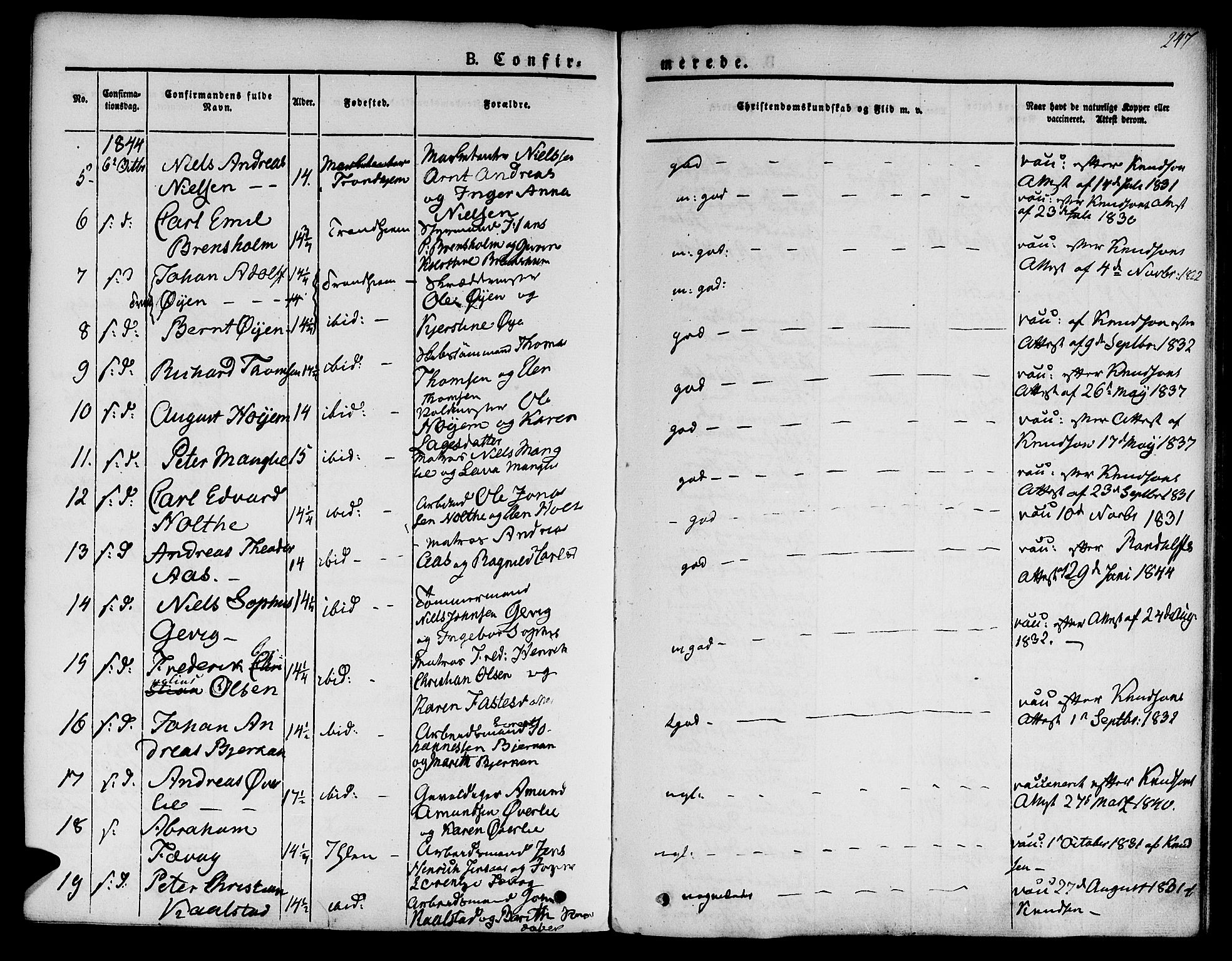 Ministerialprotokoller, klokkerbøker og fødselsregistre - Sør-Trøndelag, SAT/A-1456/601/L0048: Parish register (official) no. 601A16, 1840-1847, p. 247