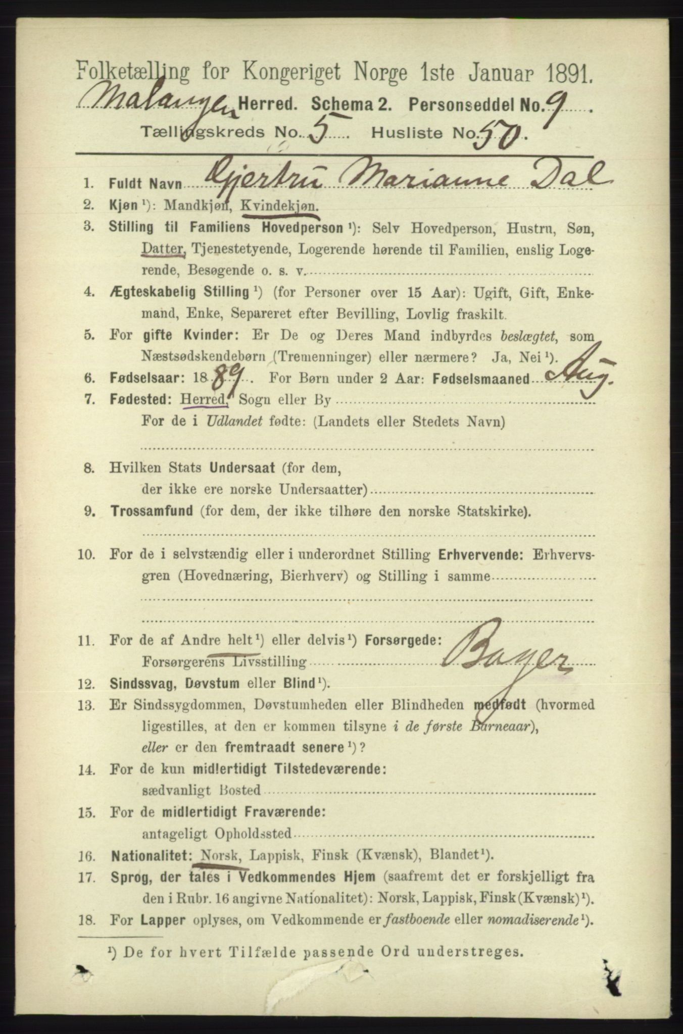 RA, 1891 census for 1932 Malangen, 1891, p. 1903