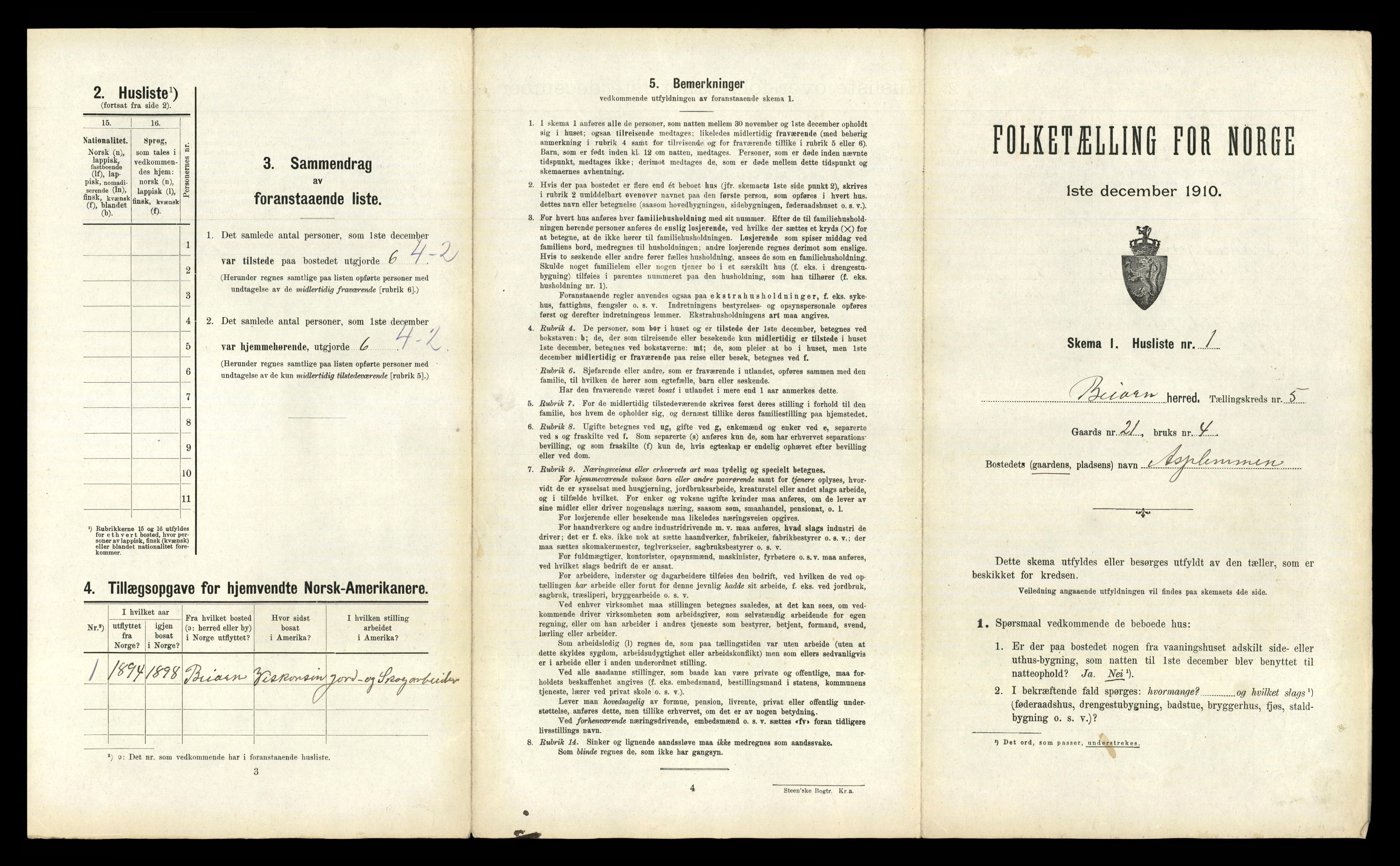 RA, 1910 census for Beiarn, 1910, p. 489