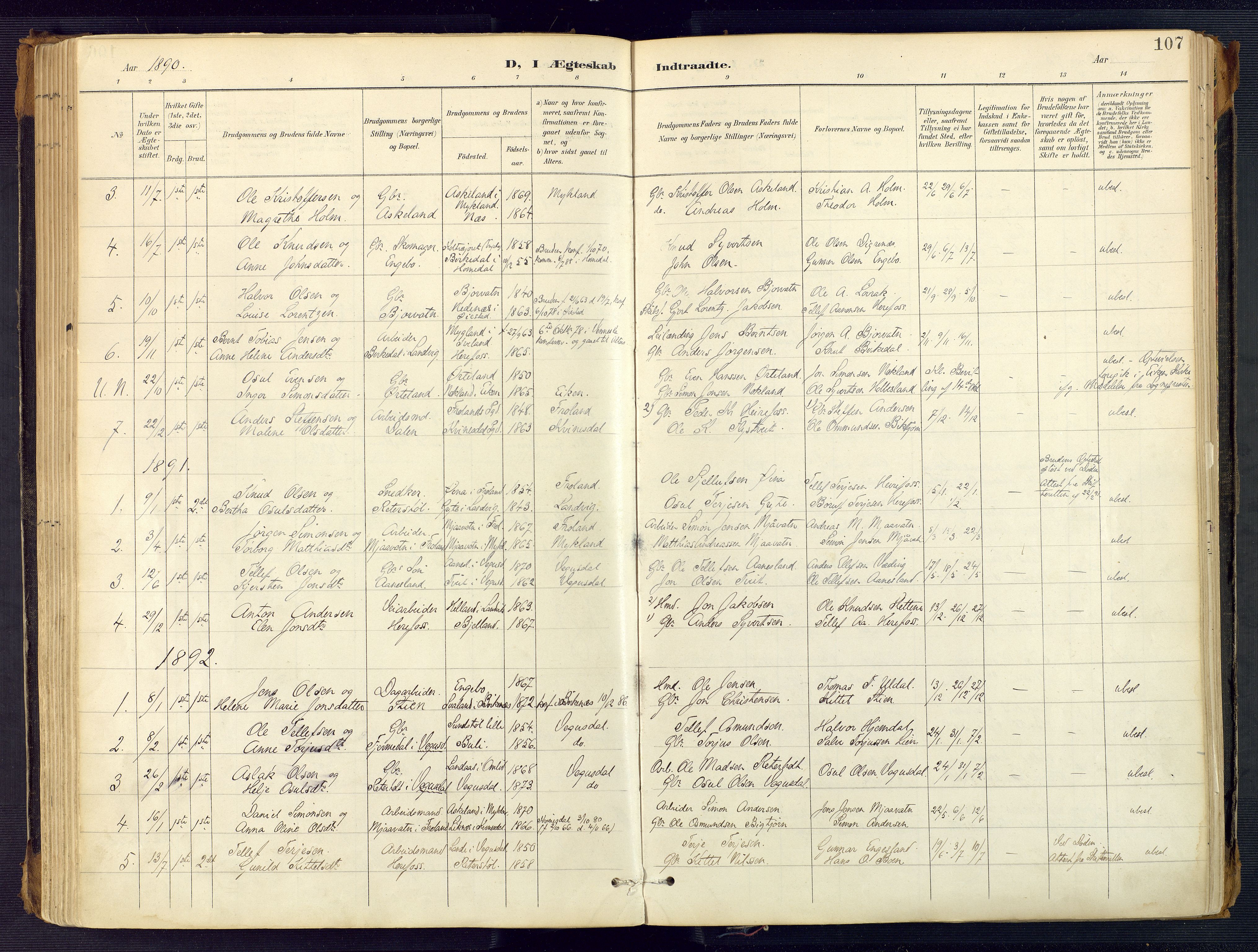 Herefoss sokneprestkontor, AV/SAK-1111-0019/F/Fa/Faa/L0003: Parish register (official) no. A 3, 1887-1930, p. 107