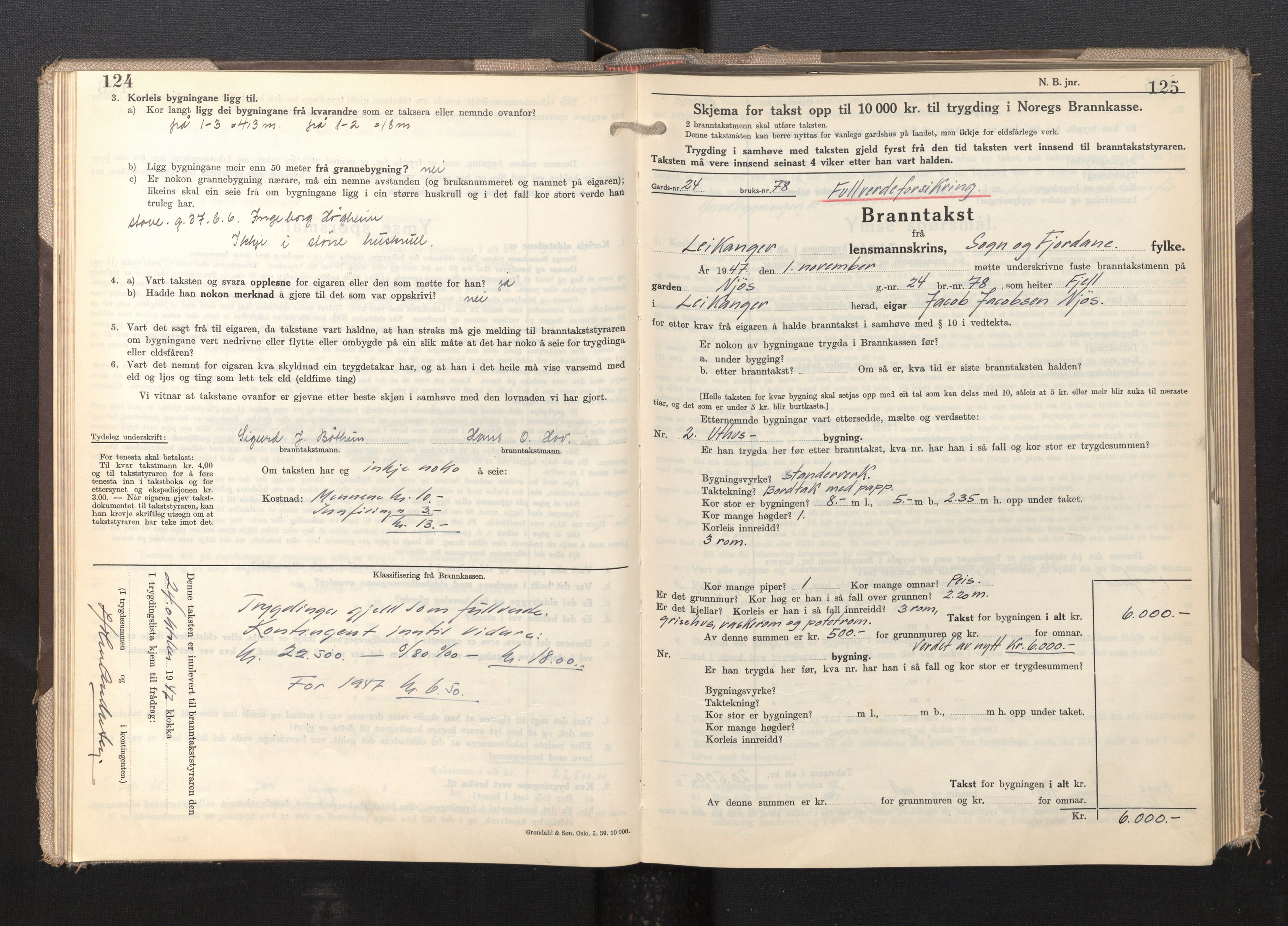 Lensmannen i Leikanger, AV/SAB-A-29201/0012/L0009: Branntakstprotokoll, skjematakst, 1946-1952, p. 124-125