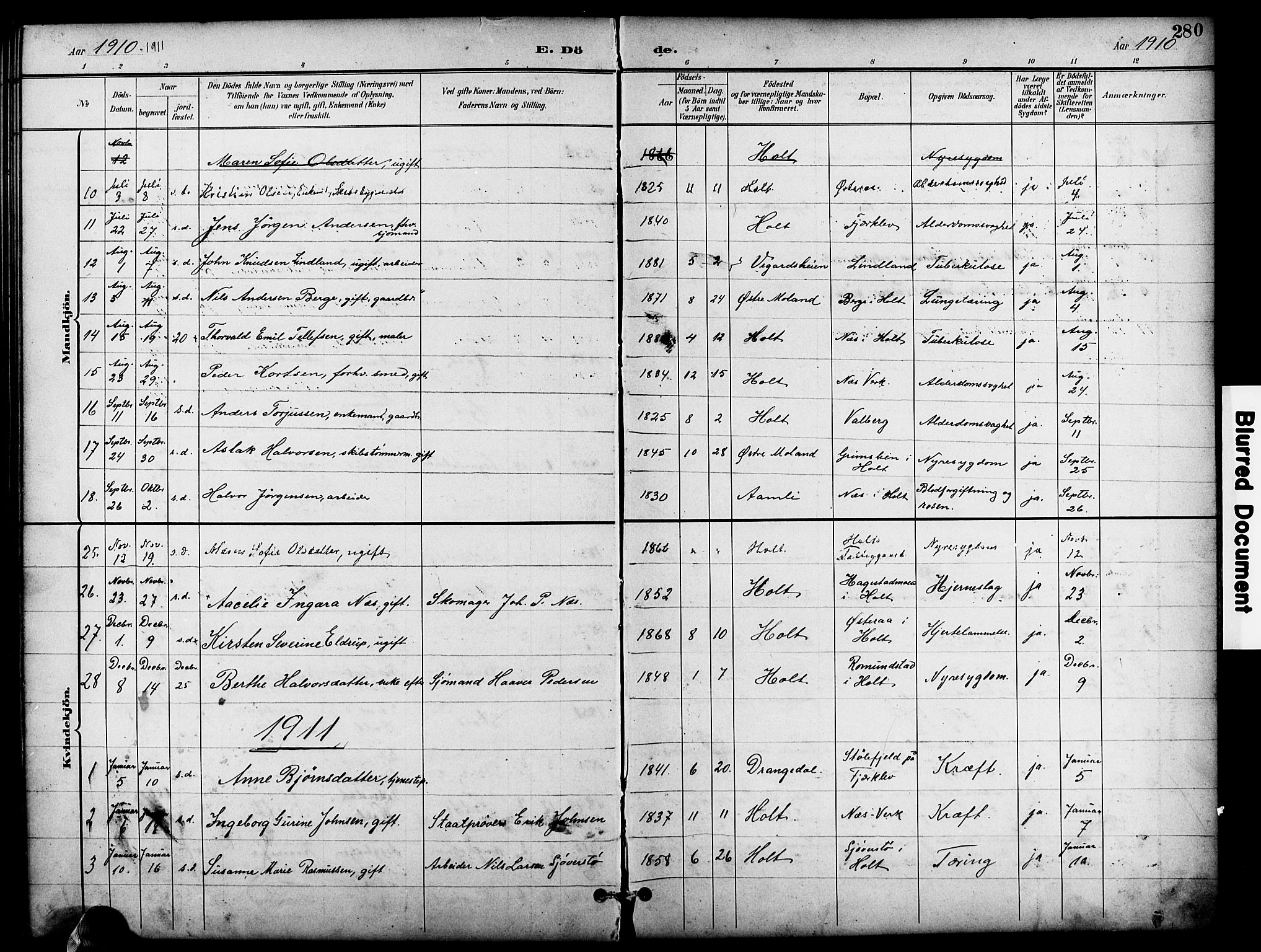 Holt sokneprestkontor, SAK/1111-0021/F/Fb/L0011: Parish register (copy) no. B 11, 1897-1921, p. 280