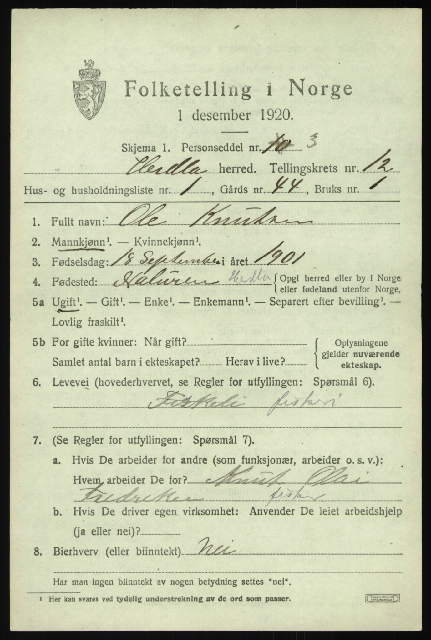 SAB, 1920 census for Herdla, 1920, p. 8339