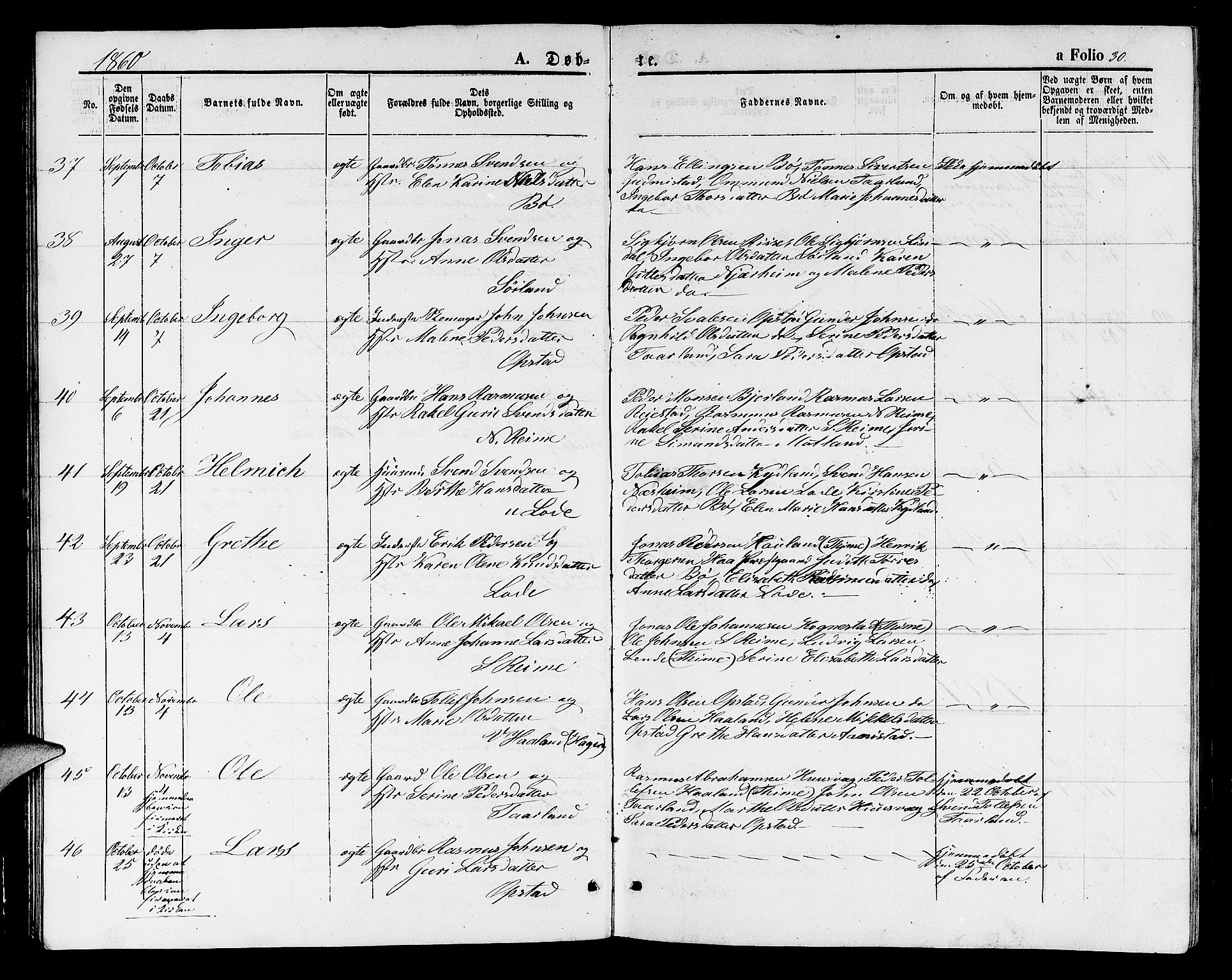 Hå sokneprestkontor, AV/SAST-A-101801/001/30BB/L0001: Parish register (copy) no. B 1, 1854-1883, p. 30