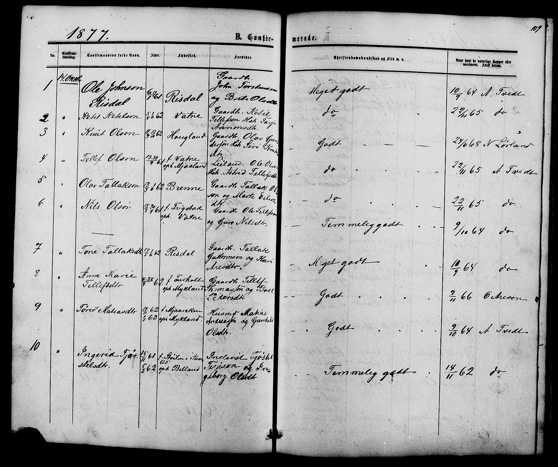 Herefoss sokneprestkontor, AV/SAK-1111-0019/F/Fb/Fbc/L0002: Parish register (copy) no. B 2, 1867-1886, p. 109