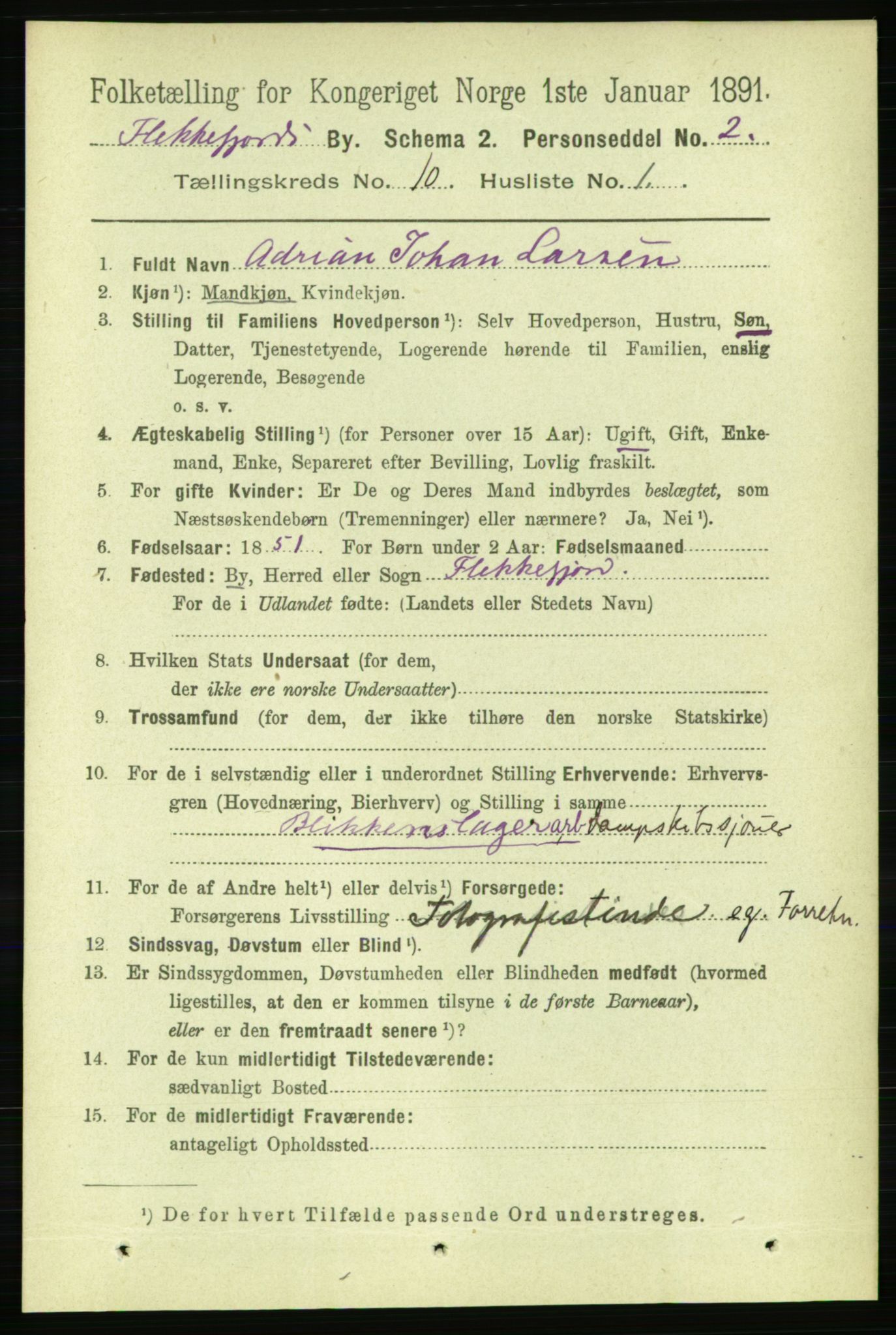 RA, 1891 census for 1004 Flekkefjord, 1891, p. 1538