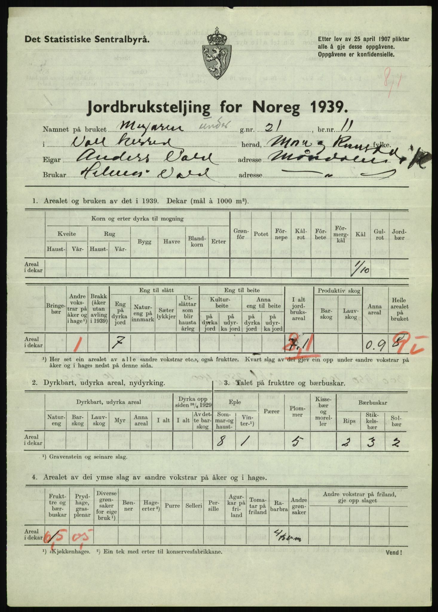 Statistisk sentralbyrå, Næringsøkonomiske emner, Jordbruk, skogbruk, jakt, fiske og fangst, AV/RA-S-2234/G/Gb/L0251: Møre og Romsdal: Voll, Eid, Grytten og Hen, 1939, p. 63