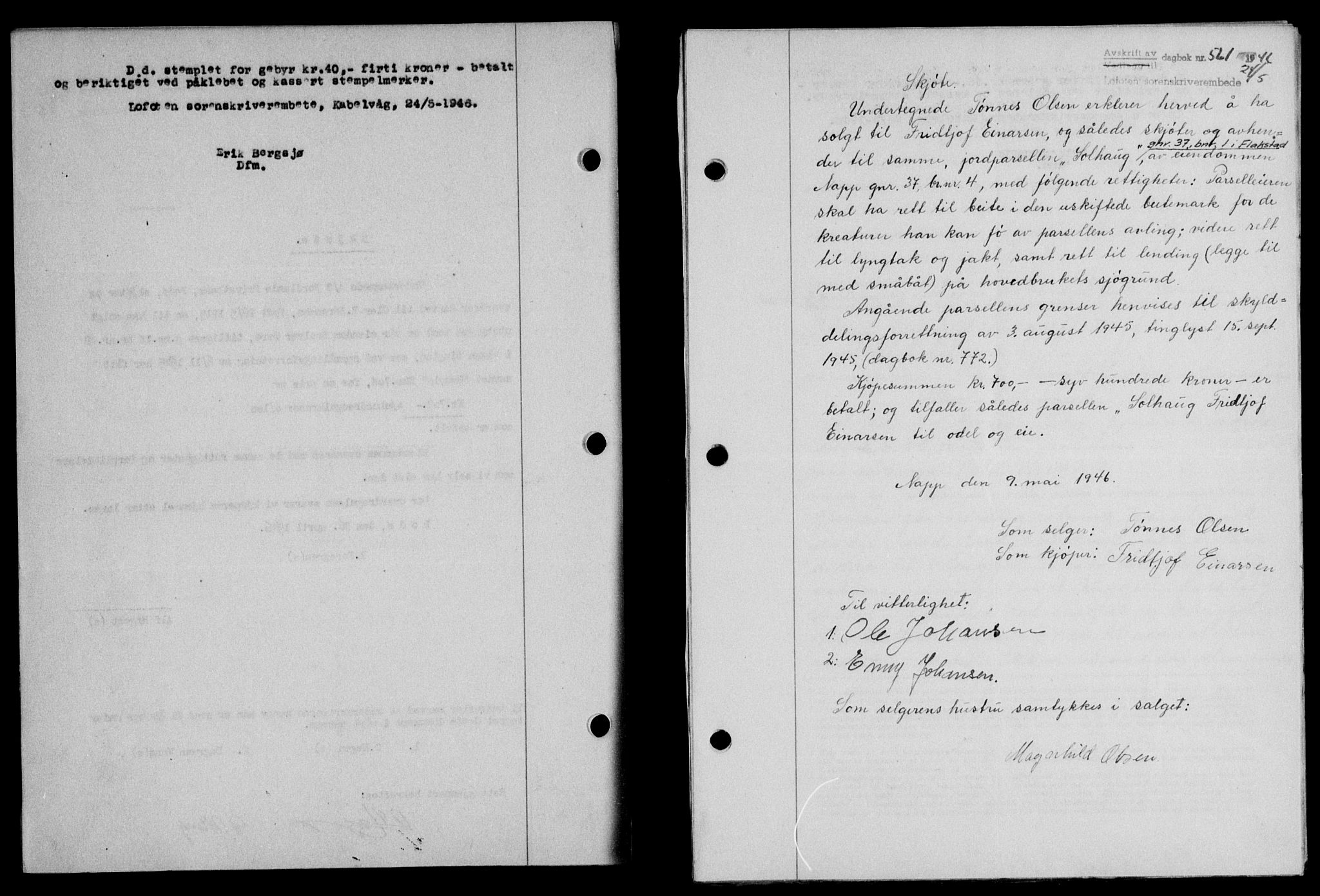 Lofoten sorenskriveri, SAT/A-0017/1/2/2C/L0014a: Mortgage book no. 14a, 1946-1946, Diary no: : 561/1946