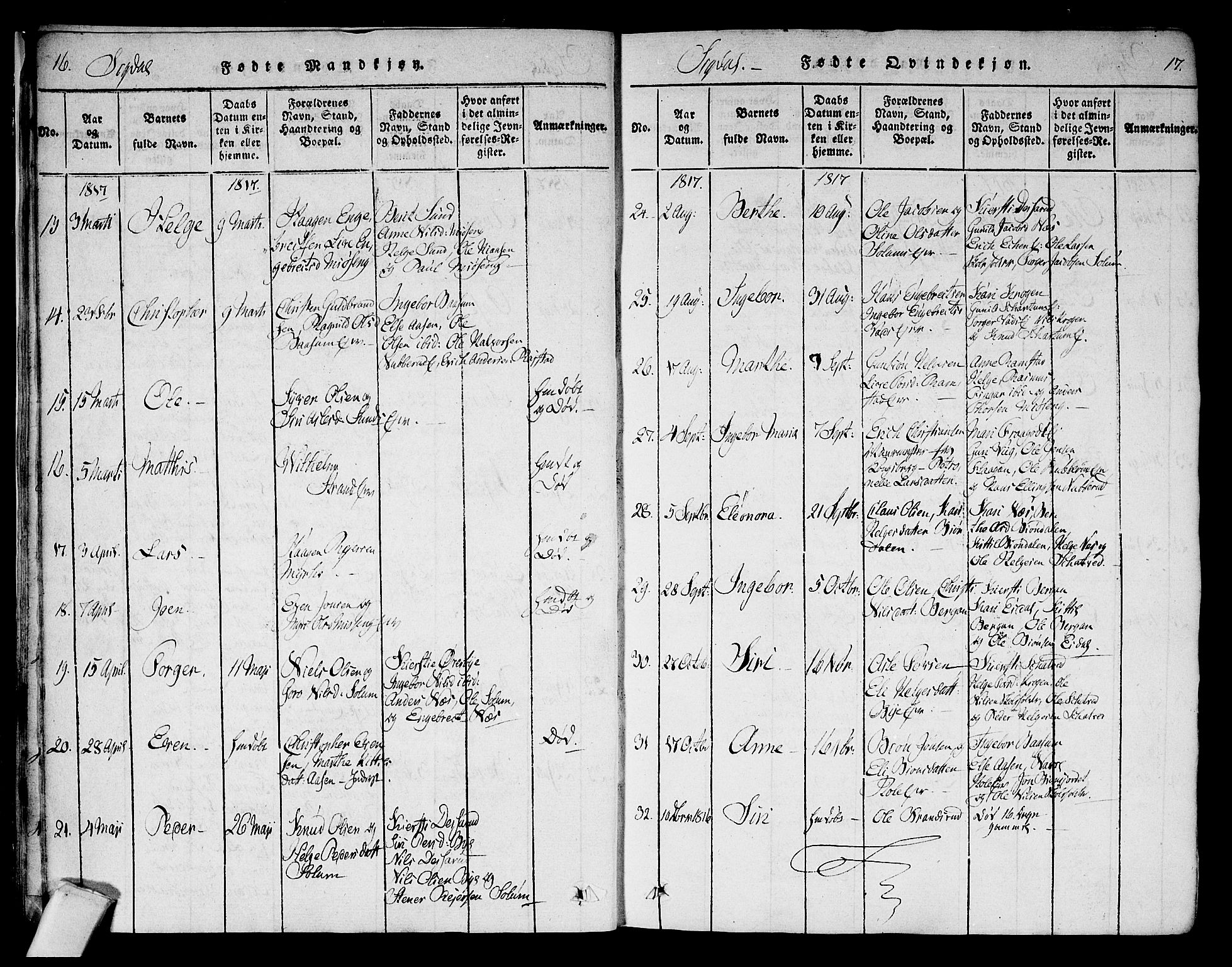 Sigdal kirkebøker, SAKO/A-245/F/Fa/L0005: Parish register (official) no. I 5 /1, 1815-1829, p. 16-17