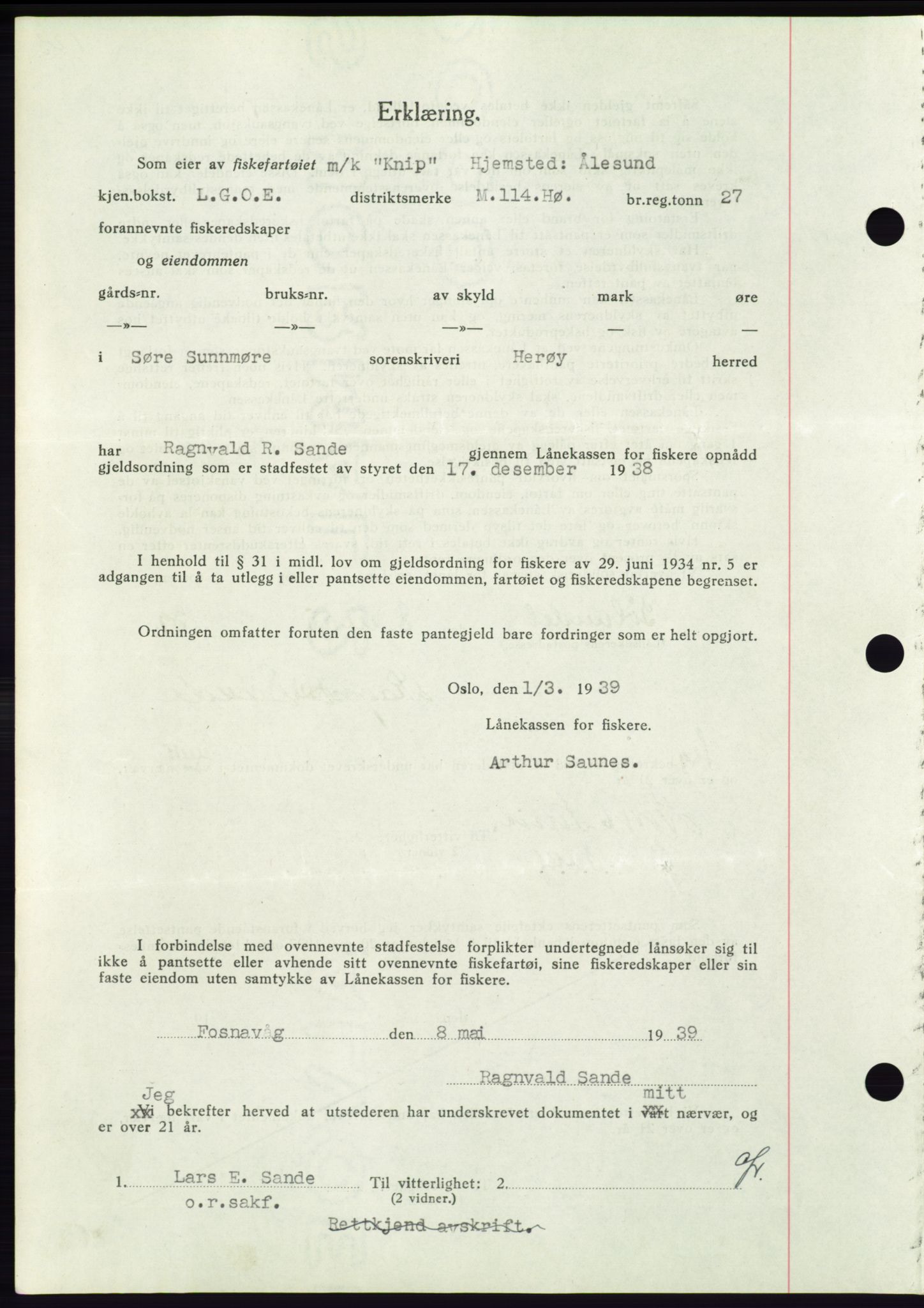 Søre Sunnmøre sorenskriveri, AV/SAT-A-4122/1/2/2C/L0068: Mortgage book no. 62, 1939-1939, Diary no: : 784/1939