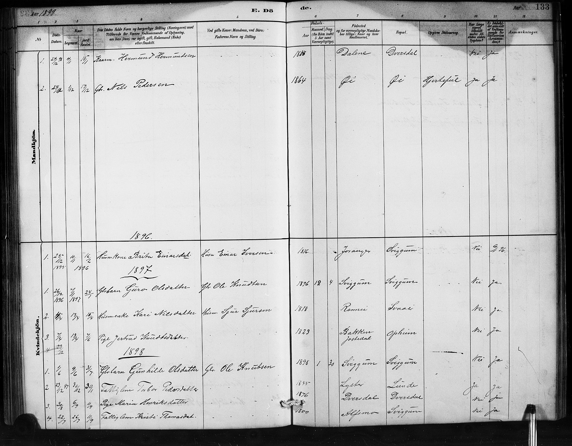 Jostedal sokneprestembete, AV/SAB-A-80601/H/Hab/Habd/L0001: Parish register (copy) no. D 1, 1882-1910, p. 133