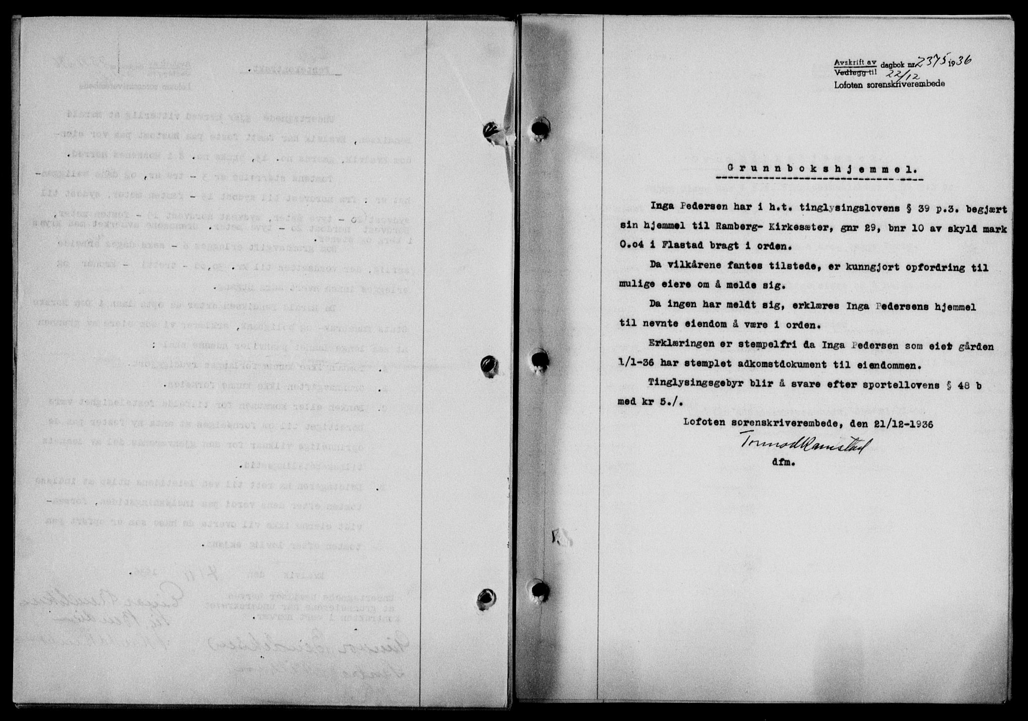 Lofoten sorenskriveri, SAT/A-0017/1/2/2C/L0001a: Mortgage book no. 1a, 1936-1937, Diary no: : 2375/1936