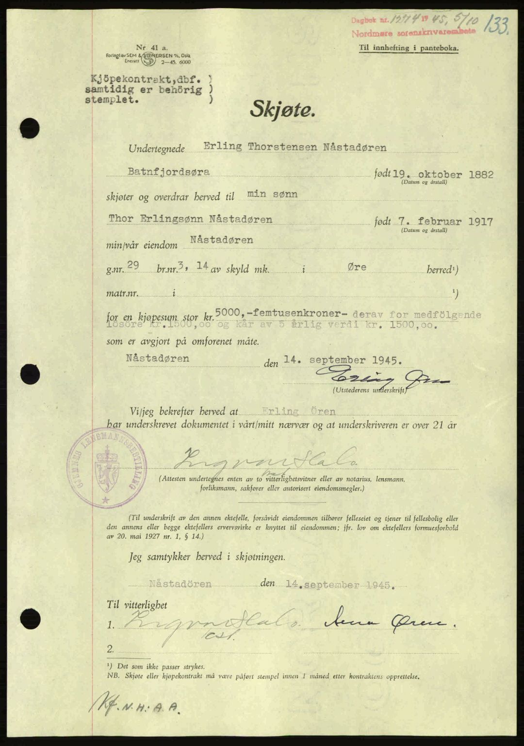 Nordmøre sorenskriveri, AV/SAT-A-4132/1/2/2Ca: Mortgage book no. A100a, 1945-1945, Diary no: : 1274/1945