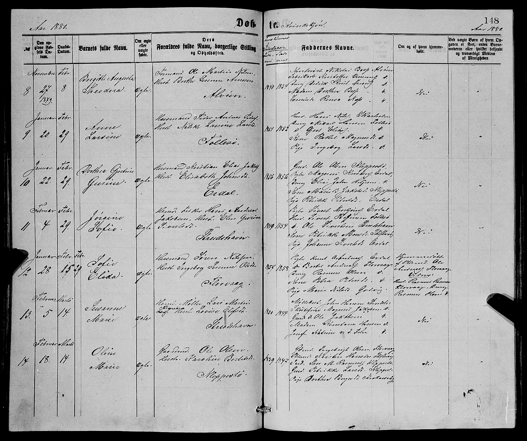 Askøy Sokneprestembete, SAB/A-74101/H/Ha/Hab/Haba/L0007: Parish register (copy) no. A 7, 1871-1881, p. 148
