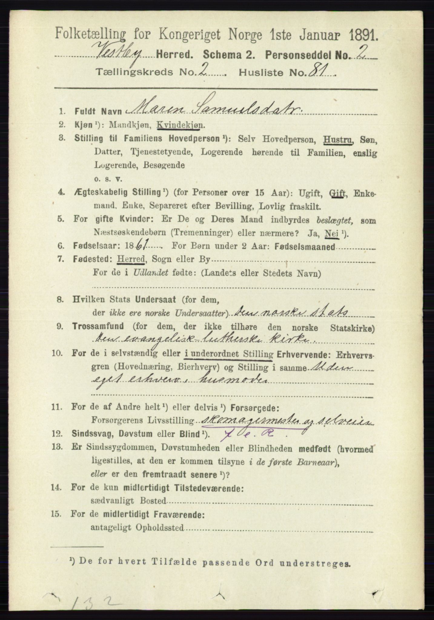 RA, 1891 census for 0211 Vestby, 1891, p. 946