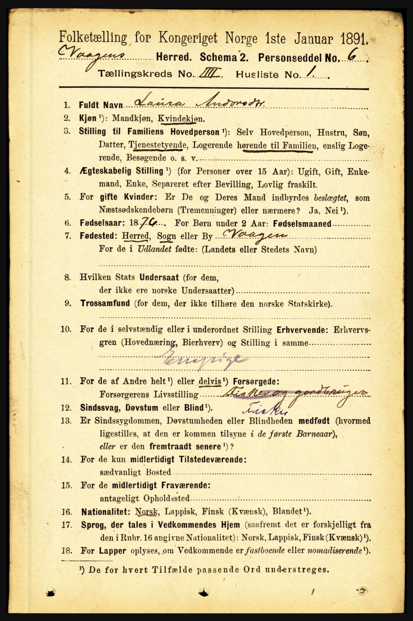 RA, 1891 census for 1865 Vågan, 1891, p. 942