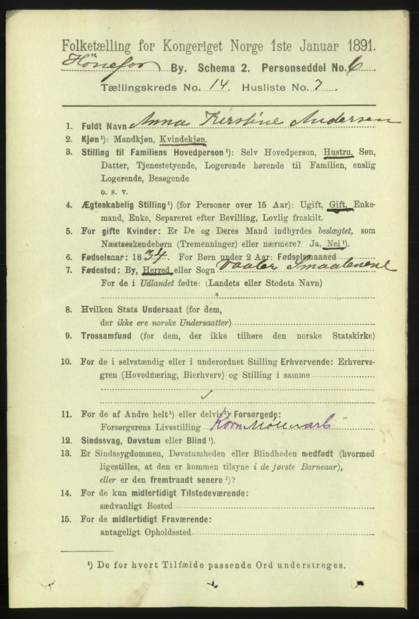 RA, 1891 census for 0601 Hønefoss, 1891, p. 1710