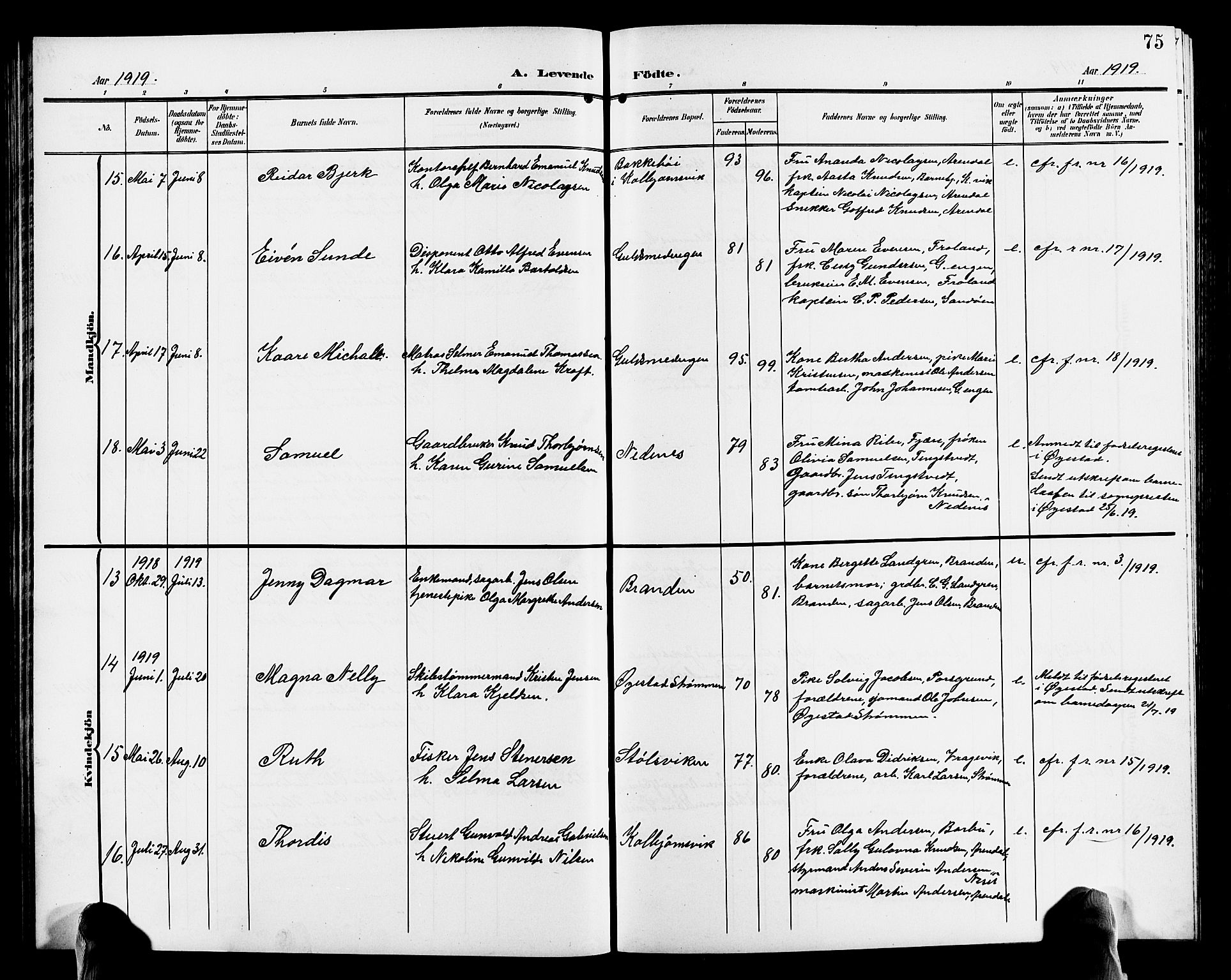 Hisøy sokneprestkontor, SAK/1111-0020/F/Fb/L0004: Parish register (copy) no. B 4, 1905-1923, p. 75