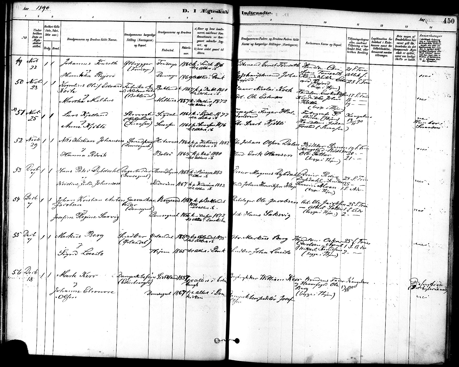 Ministerialprotokoller, klokkerbøker og fødselsregistre - Sør-Trøndelag, SAT/A-1456/601/L0058: Parish register (official) no. 601A26, 1877-1891, p. 450
