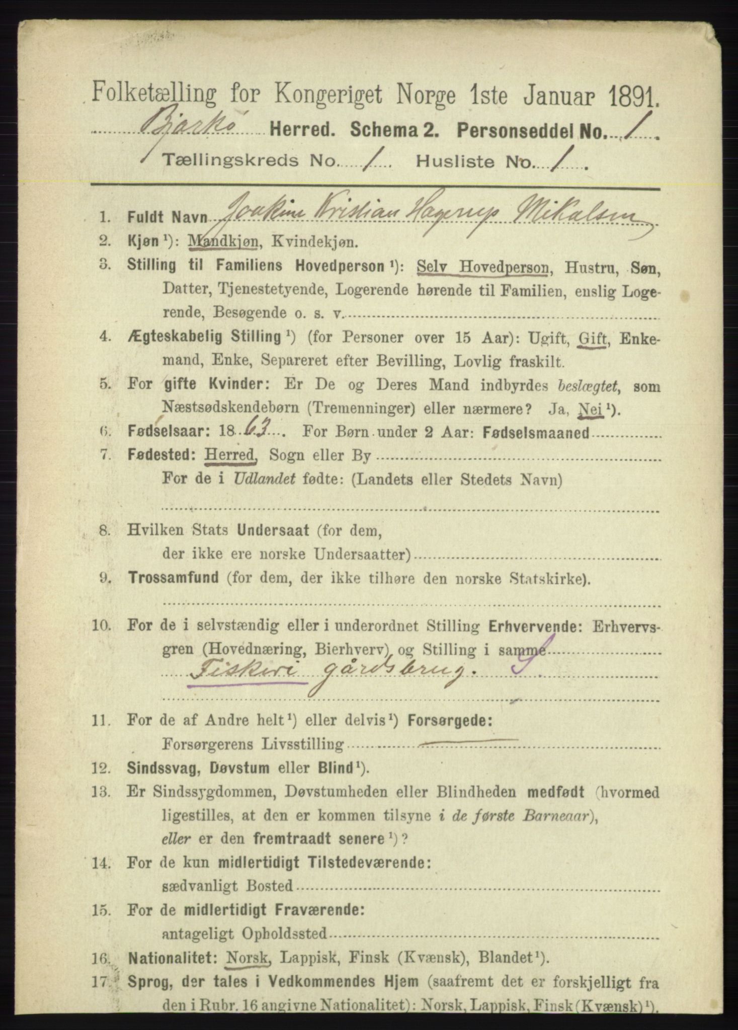 RA, 1891 census for 1915 Bjarkøy, 1891, p. 93