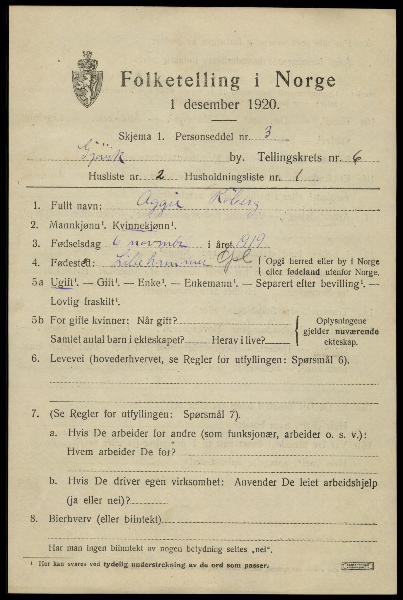 SAH, 1920 census for Gjøvik, 1920, p. 10496