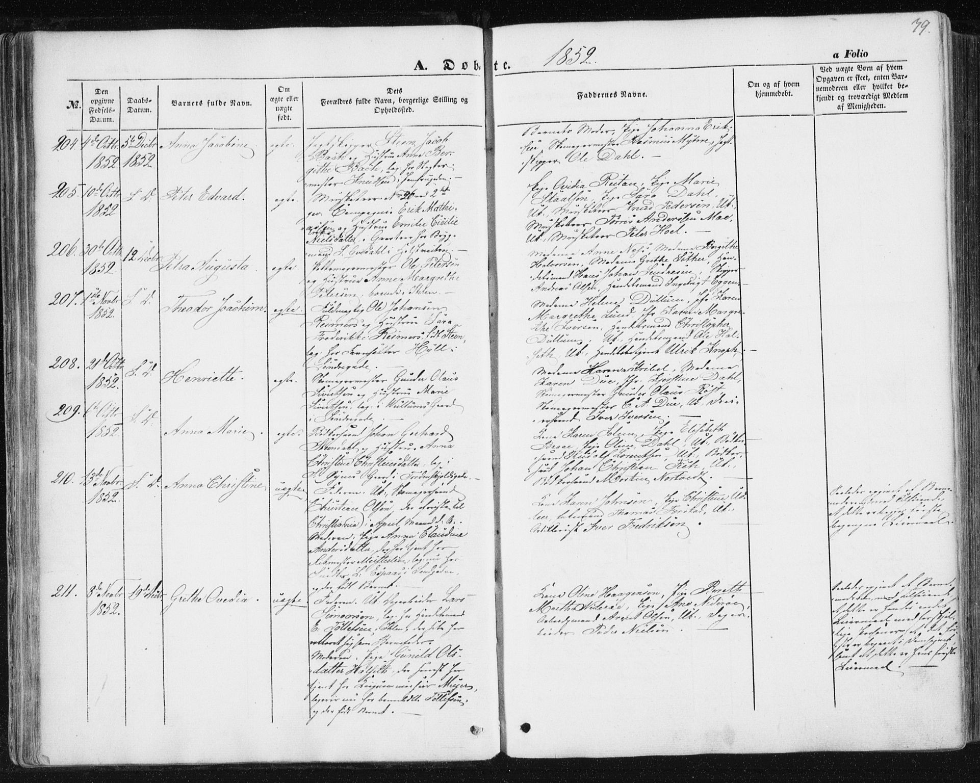Ministerialprotokoller, klokkerbøker og fødselsregistre - Sør-Trøndelag, SAT/A-1456/602/L0112: Parish register (official) no. 602A10, 1848-1859, p. 39