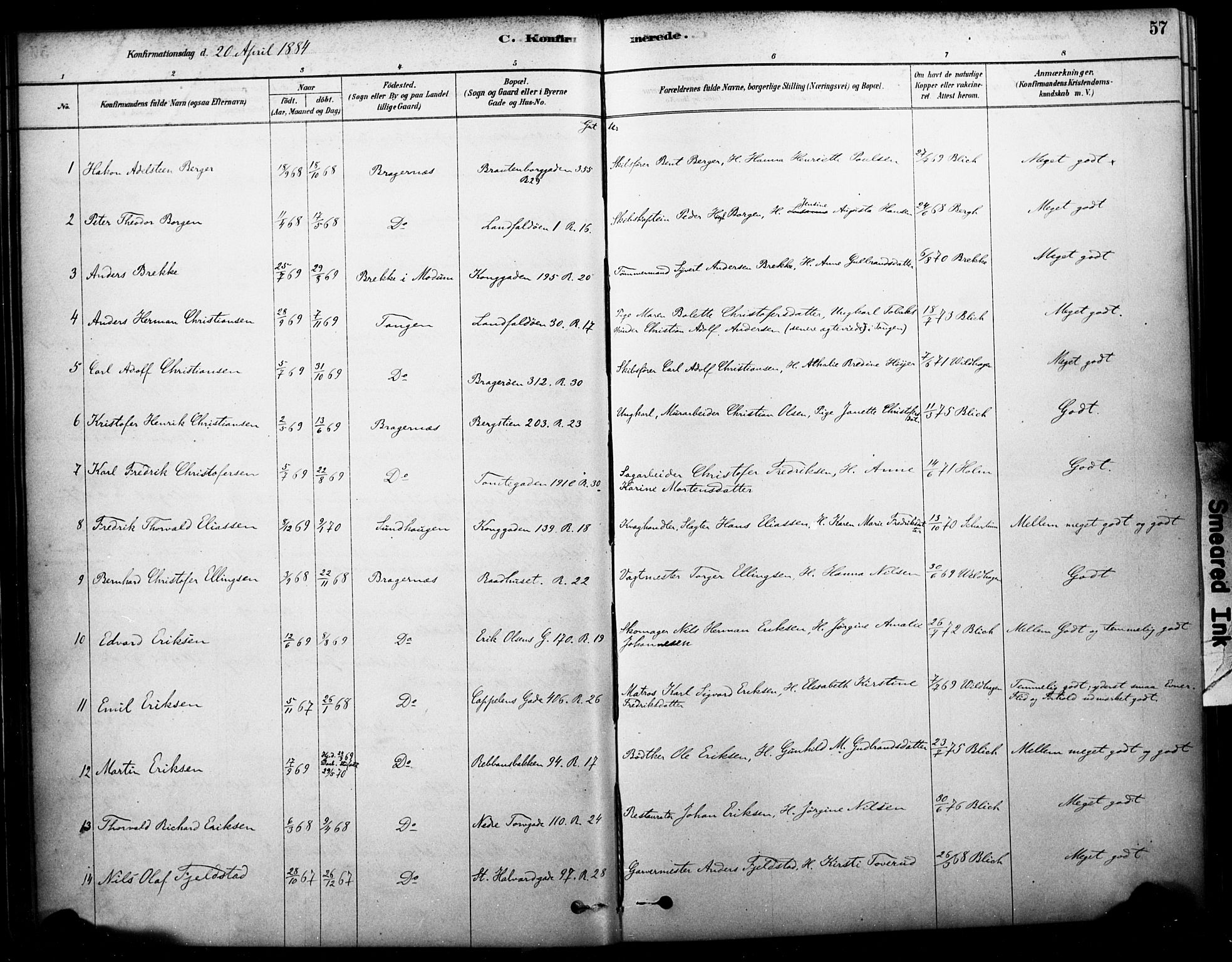 Bragernes kirkebøker, AV/SAKO-A-6/F/Fc/L0005: Parish register (official) no. III 5, 1878-1890, p. 57