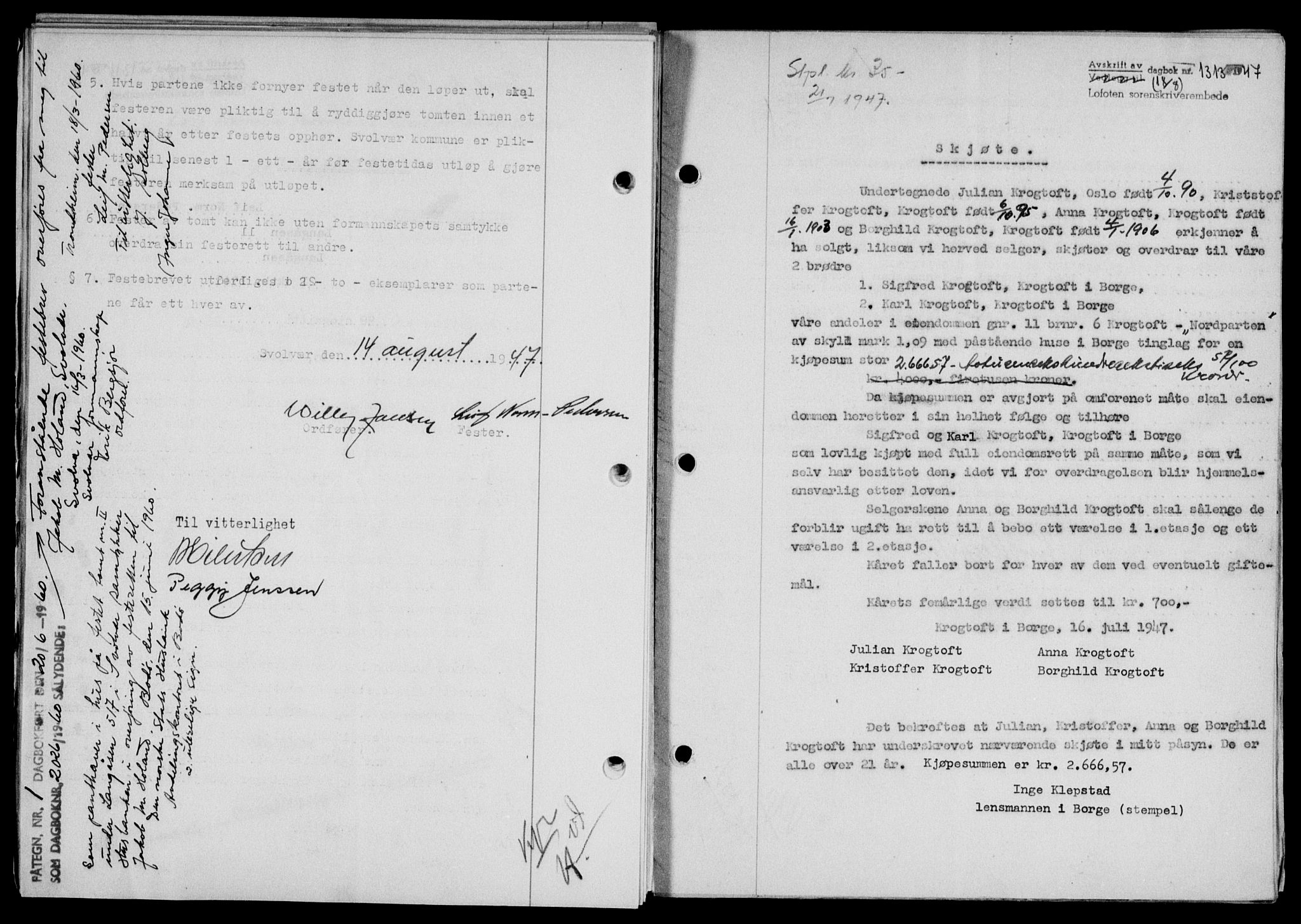 Lofoten sorenskriveri, SAT/A-0017/1/2/2C/L0016a: Mortgage book no. 16a, 1947-1947, Diary no: : 1313/1947