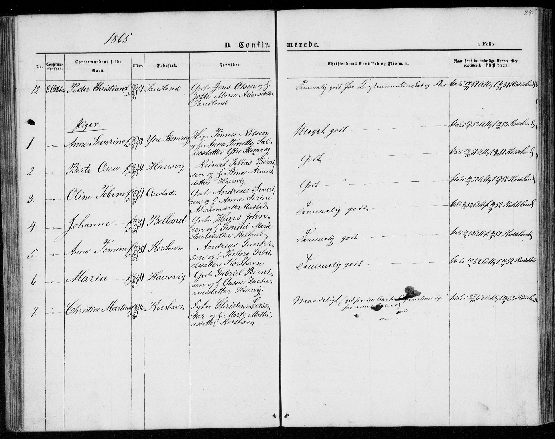 Lyngdal sokneprestkontor, AV/SAK-1111-0029/F/Fa/Faa/L0002: Parish register (official) no. A 2, 1858-1870, p. 85